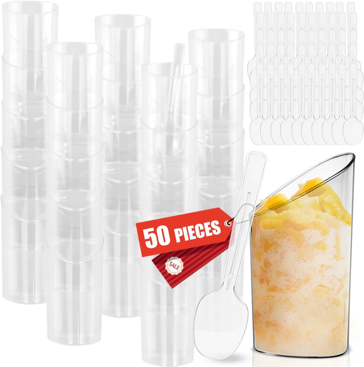 50-Pack Clear Dessert Cups with Spoons, 80Ml/2.7Oz Reusable Plastic Tasting Bowls for Appetizers Desserts Yogurt Mousse Jelly Pudding Ice Cream image number 1