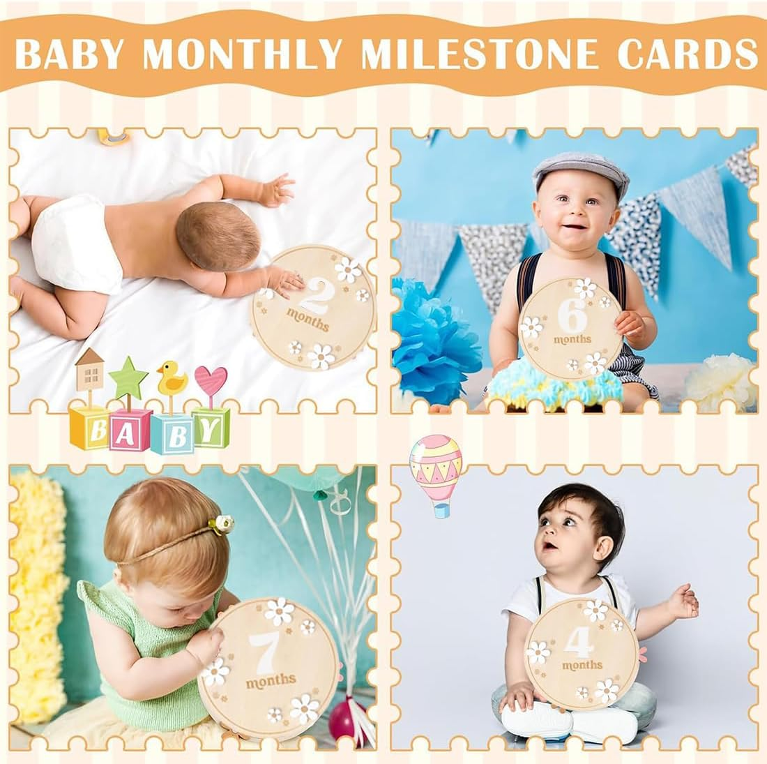 1 Set Baby Monthly Milestone Cards with Adhesive Dots, Flower Style, Wooden Photo Props for Toddlers from 0-12 Months, Baby Shower Growth Record image number 6