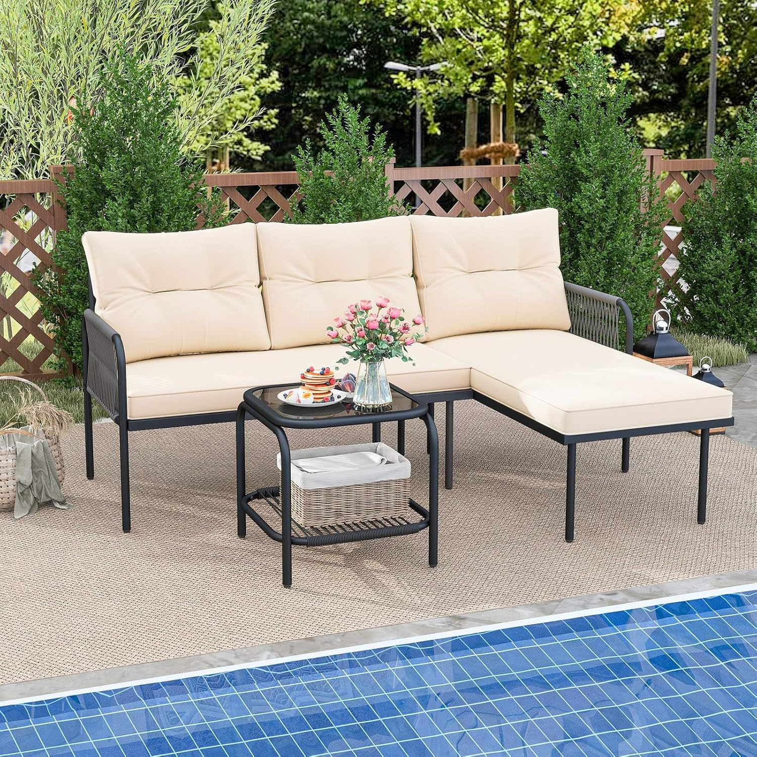 Costway 3-Piece Patio Sectional Sofa Set, Outdoor L-Shaped Furniture Set, Wicker Rattan Conversation Set with Thick Cushions, Detachable Lounger & Tempered Glass Coffee Table, for Yard, Poolside image number 1