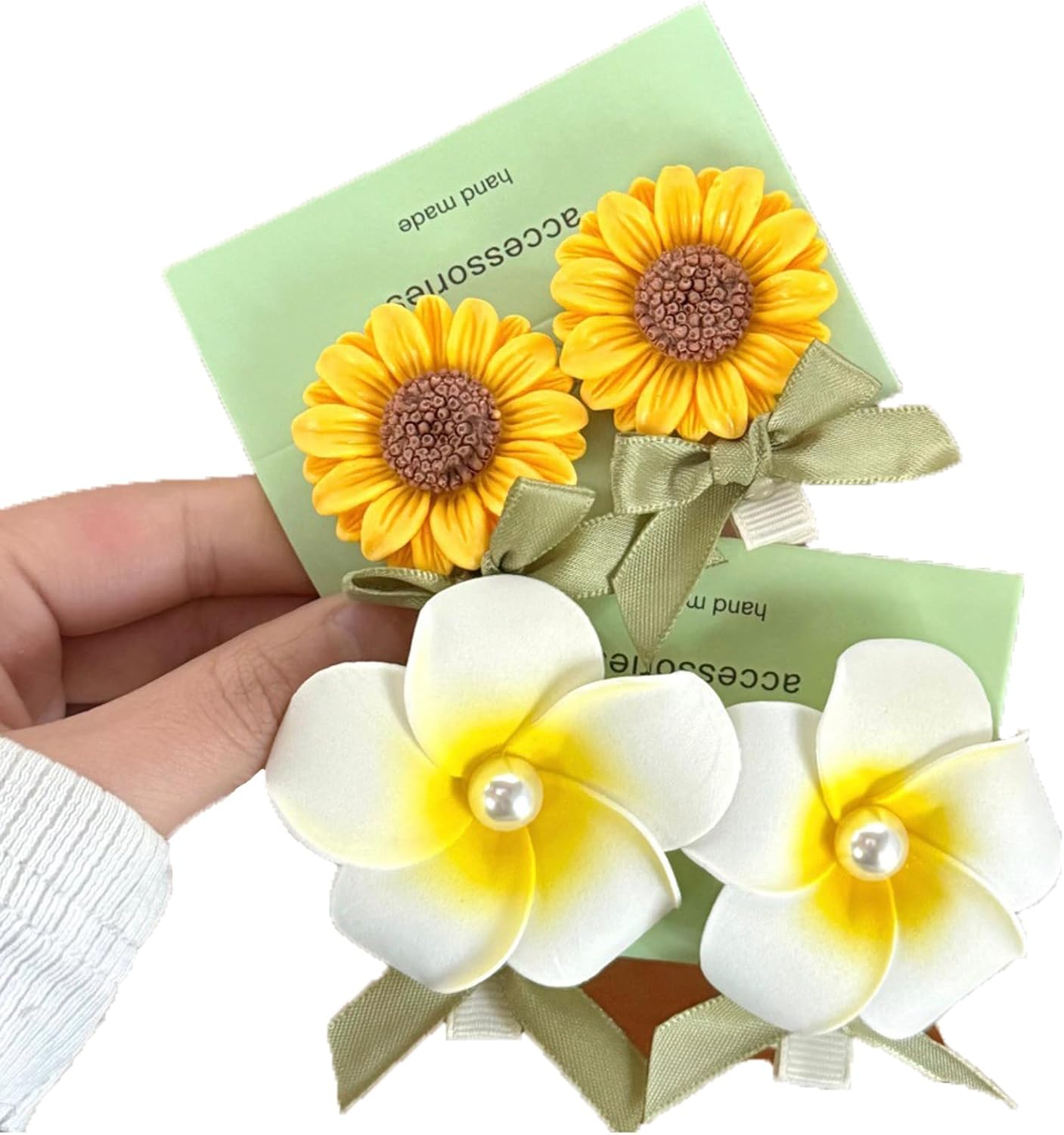 Pack of 4 Hair Clips, Hair Clips with Sunflowers, Stylish Hair Pin with Pearl Ribbons, Hawaiian Flowers Hair Clip for Women, Girls, Summer Beach, Party, Wedding Decoration (Green-V) image number 2