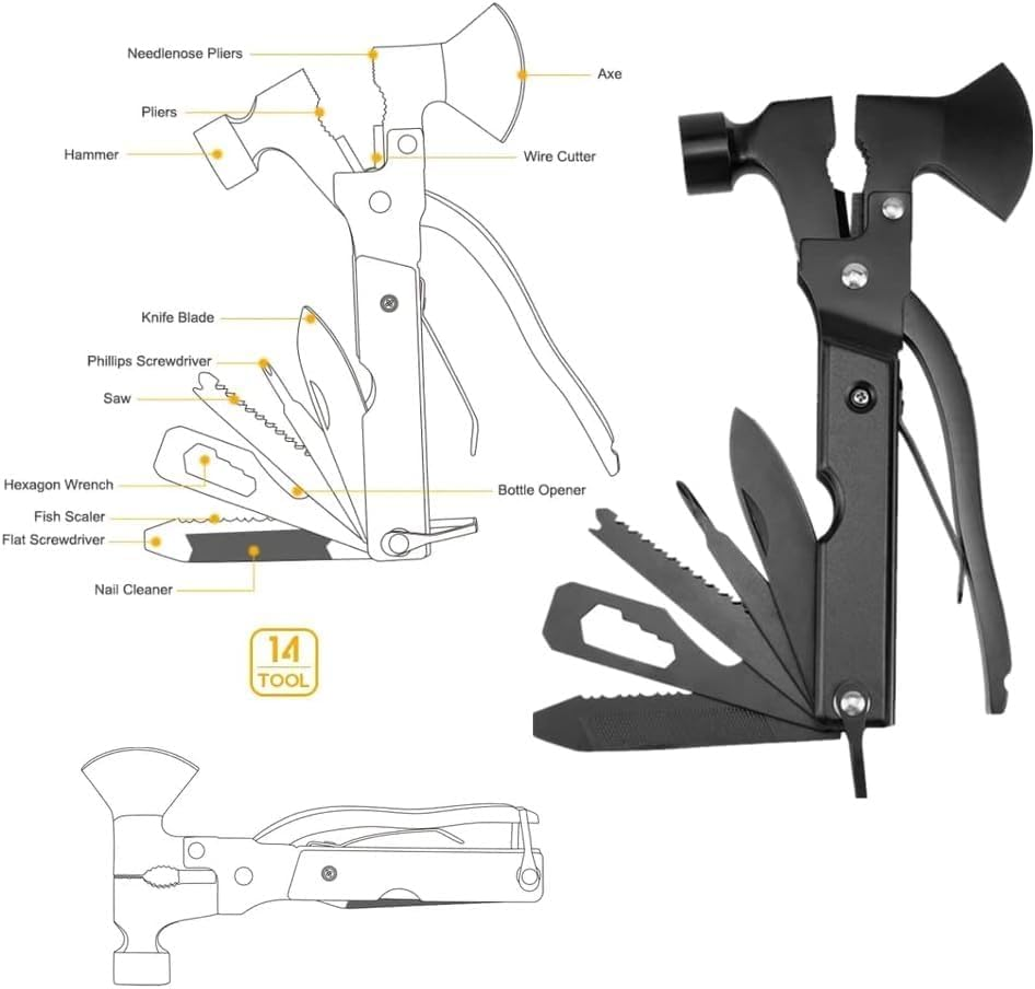 14-In-1 Multi-Tool Survival Camping Accessories with Axe Hammer,Bottle Opener for Hunting Hiking Fishing,Tool Gifts for Men, Dad, Husband and Outdoor image number 1