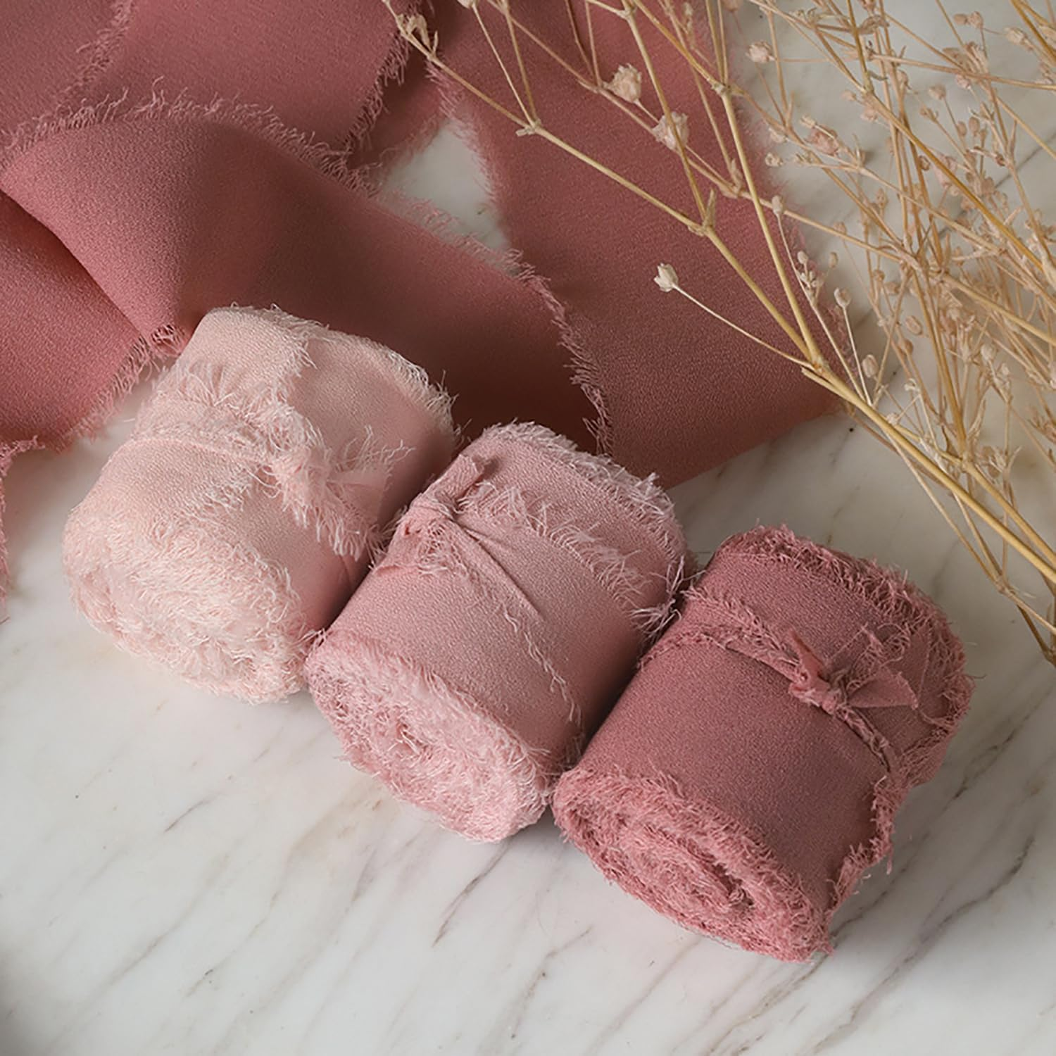 3 Rolls Handmade Fringe Chiffon Ribbon Craft Fabric 4Cmx5M for Gift Wrapping, Wedding Decor, Bouquet Wrap, Bow Making, Bridal Bouquets - Blue Suit image number 3