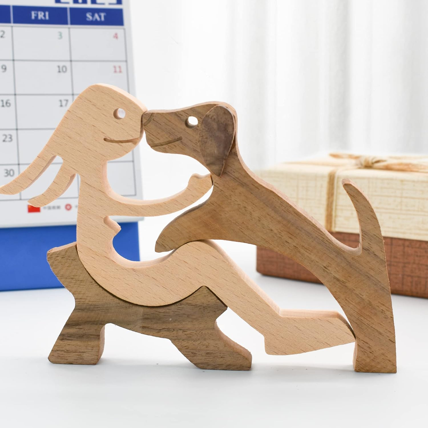 Enkrio Wooden Dog Figurines Hand Carved Wood Dog Human Sculpture Statue Handmade Accents Crafts Wooden Adorn Standing Tabletop Decoration Ornament for Home Decor