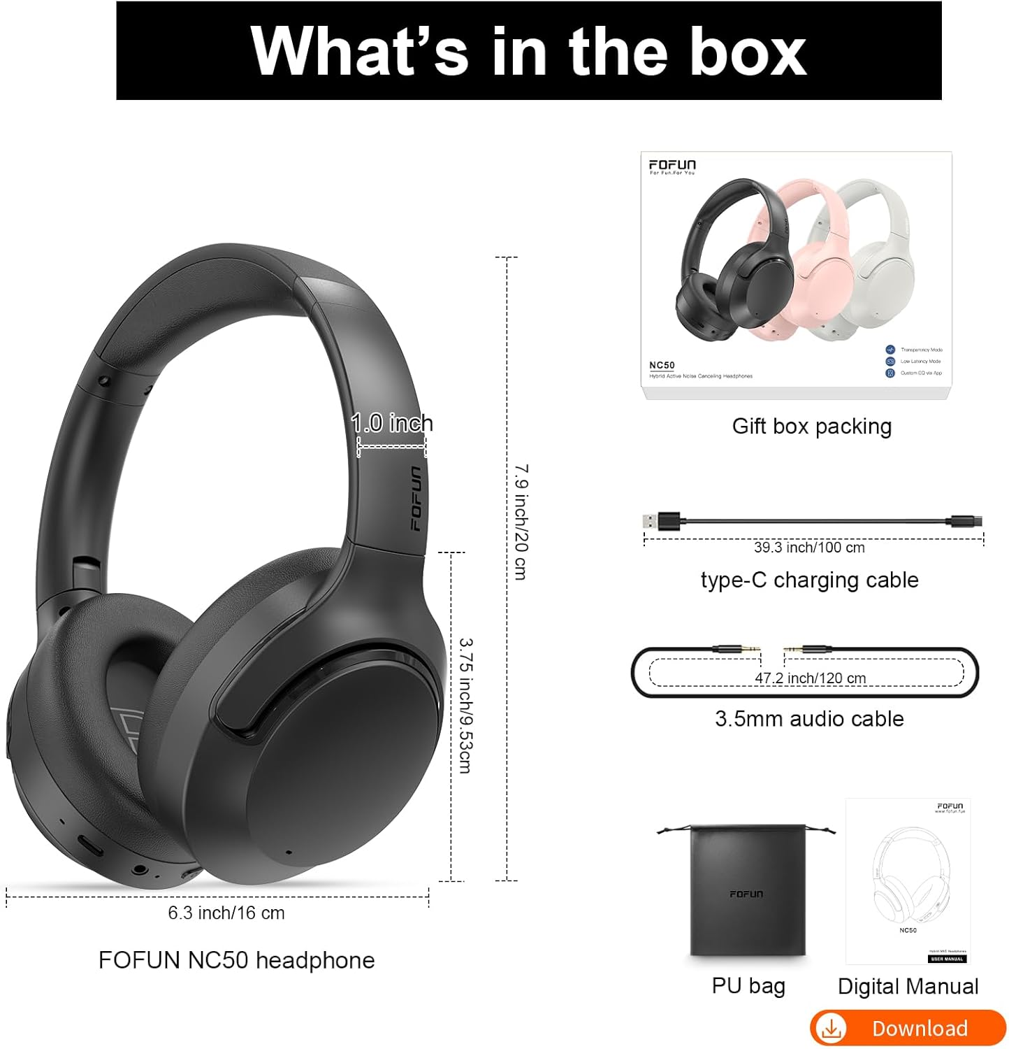 Noise Cancelling Headphones, 65H Bluetooth Headphones Custom EQ via App Headphones Wireless with Mic, Bluetooth 6.0 Detachable Cat Ears Foldable Headsets for Commuting Travel Work Home (Black) image number 5