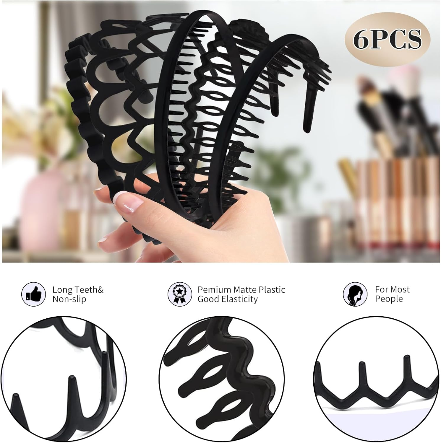 Pack of 6 Plastic Hair Bands, Wave Zigzag Headband, Non-Slip Headband with Non-Slip Teeth, Black Hair Accessories, DIY Hair Bands, Headbands for Children, Women, Men image number 4