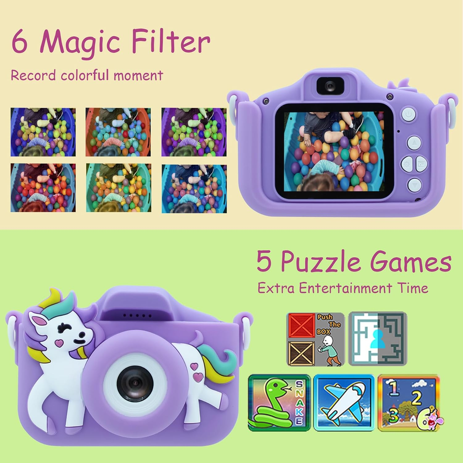 Kids' Digital Cameras, Mini Dual Camera Rechargeable Children'S Camera Gift, Boys and Grils Aged 3 to 9 Years Old,8 Million HD Video 2 Inches Screenfor Outdoor Play /32GB Card (Purple-Horse) image number 2