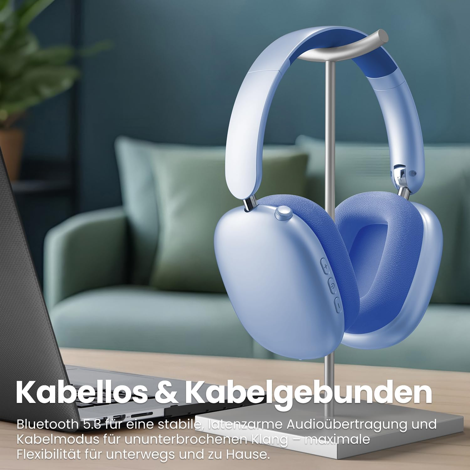 Wentronic Y01 Noise Cancelling Headphones, Wireless Over-Ear Headphones, Bluetooth 5.3, Hi-Res Sound, 48H Playback, Foldable with Microphone for Ios/Android/Pc - Blue image number 3