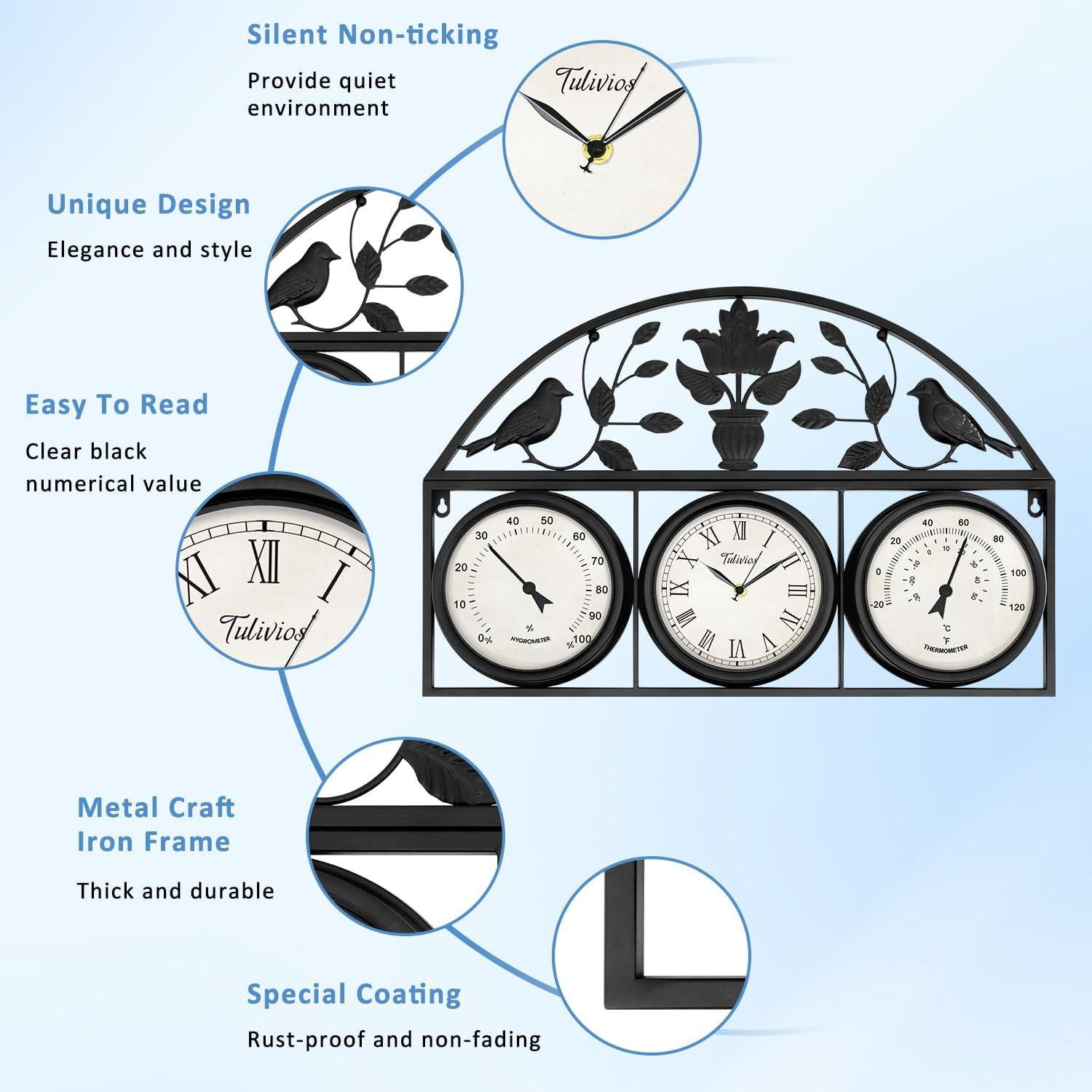 Tulivios 24 Inch Large Outdoor Clock, Pool Clock with Thermometer and Hygrometer Combo, Clock Outdoor Weatherproof Non-Ticking Quartz Battery Operated Decor Waterproof Clock for Patio, Garden, Porch - Gold image number 4