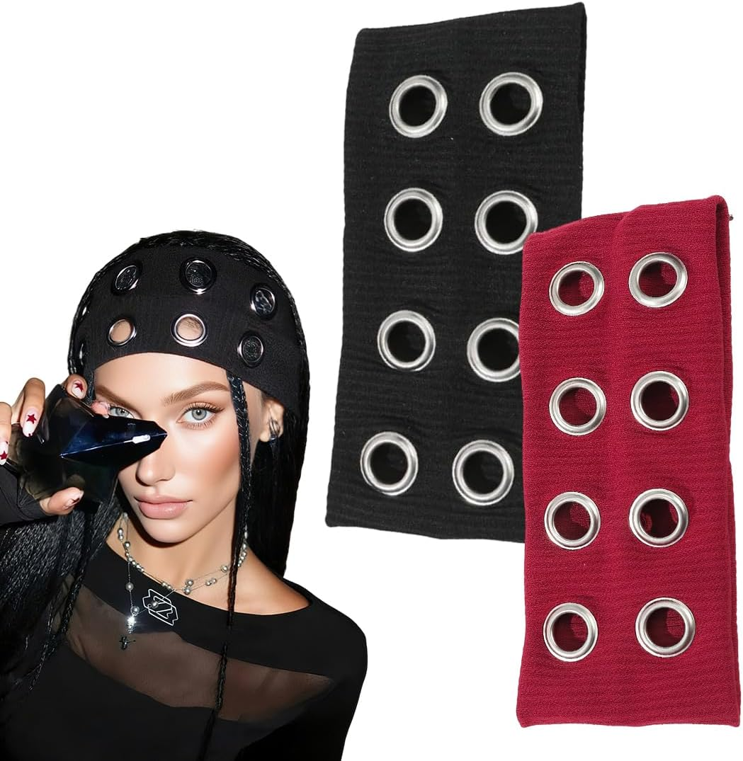 GXGM Pack of 2 Women'S Hollow Eyelets Elastic Headband, Girls Punk Wide Hair Bands, Wire Hair Bands, Ring Headband, Stretchable, Women'S Gift (Black + Wine Red) image number 2