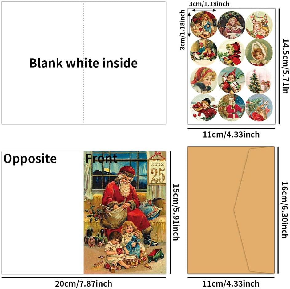 Suithink 12 Pack Vintage Christmas Greeting Cards, Christmas Cards Retro Xmas Greeting Cards with Stickers Envelopes Vintage Blank Note Cards for Christmas Baby Shower Birthday Party Supplies image number 4