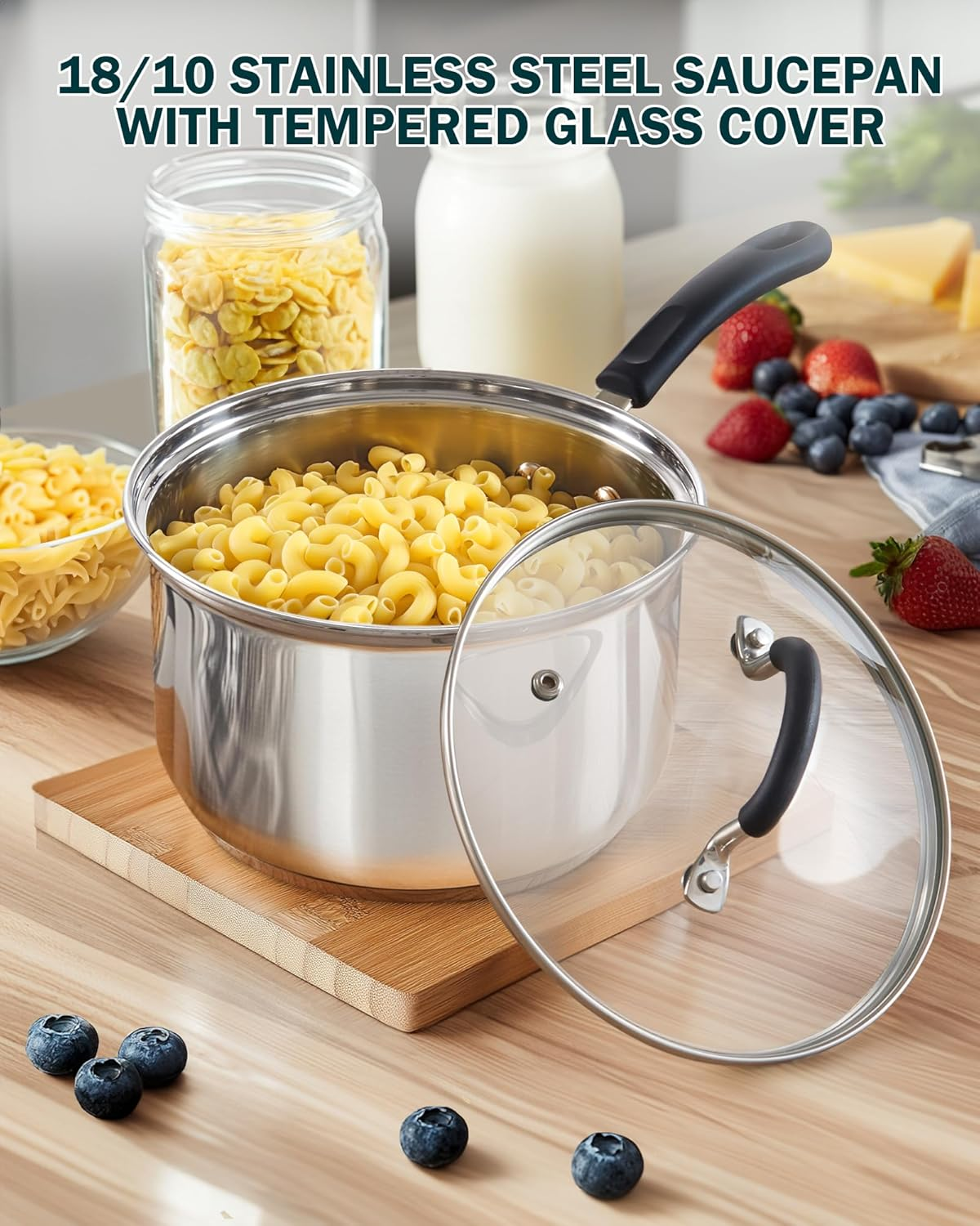 Cook N Home 02655 Professional Double Boiler Saucepan 2-Quart, 18-10 Stainless Steel Steam Melting Pot for Butter Chocolate Cheese, Tempered Glass Lid, Silver image number 2