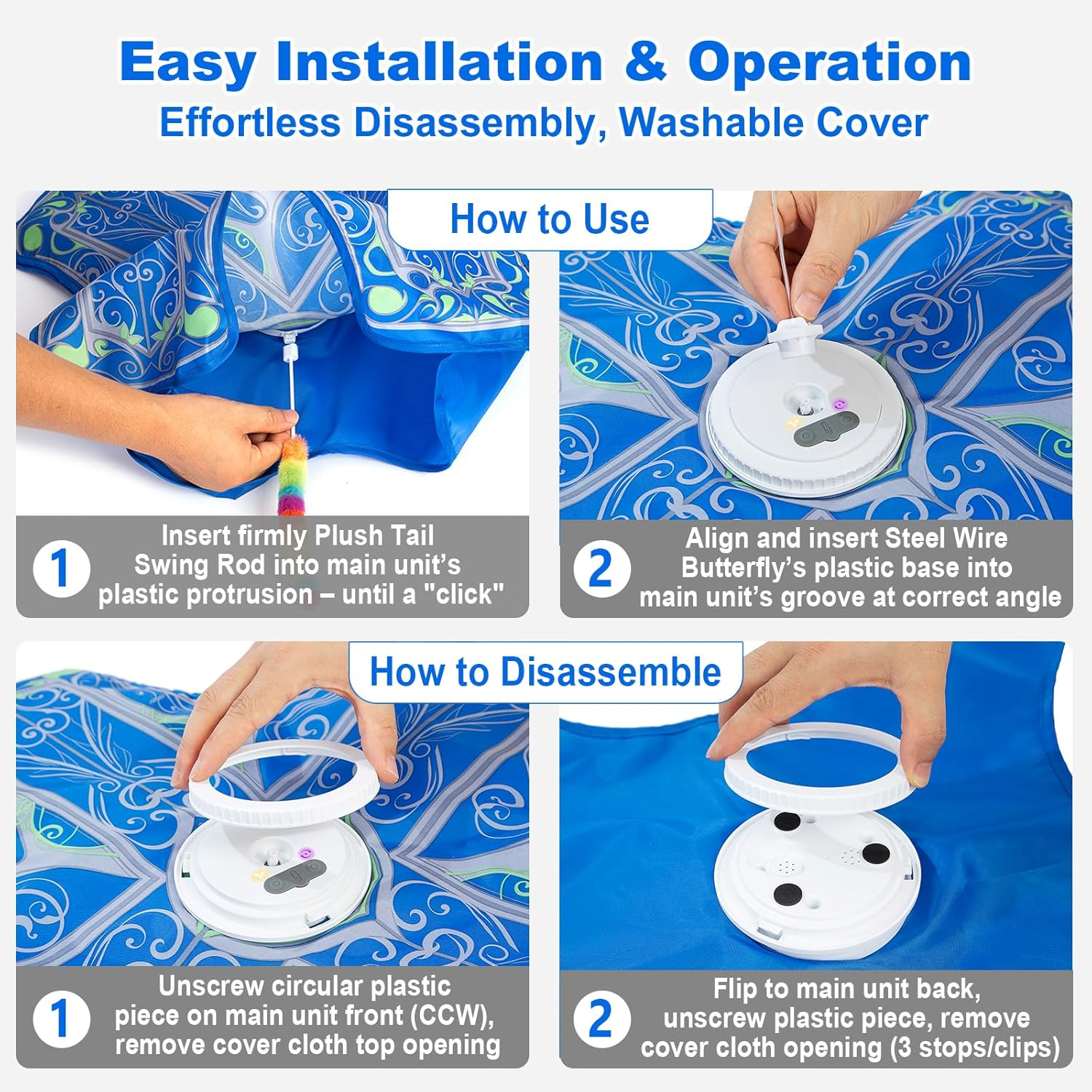 Qraxond Interactive Cat Toys for Indoor Cats,[Newly Upgraded] Rechargeable Touch Activated Hide and Seek Kitten Toy with Fluttering (Blue Cover Cloth Toy) image number 5