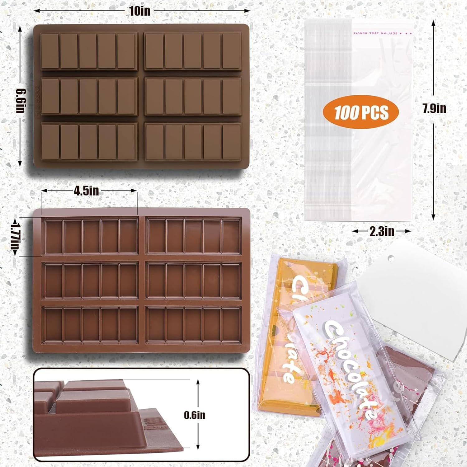 Chocolate Bar Mold,Non-Stick Silicone Chocolate Candy Molds,For Filling Pistachio Chocolate Bar,With Bags Scraper and 100Pcs Storage Bags image number 6