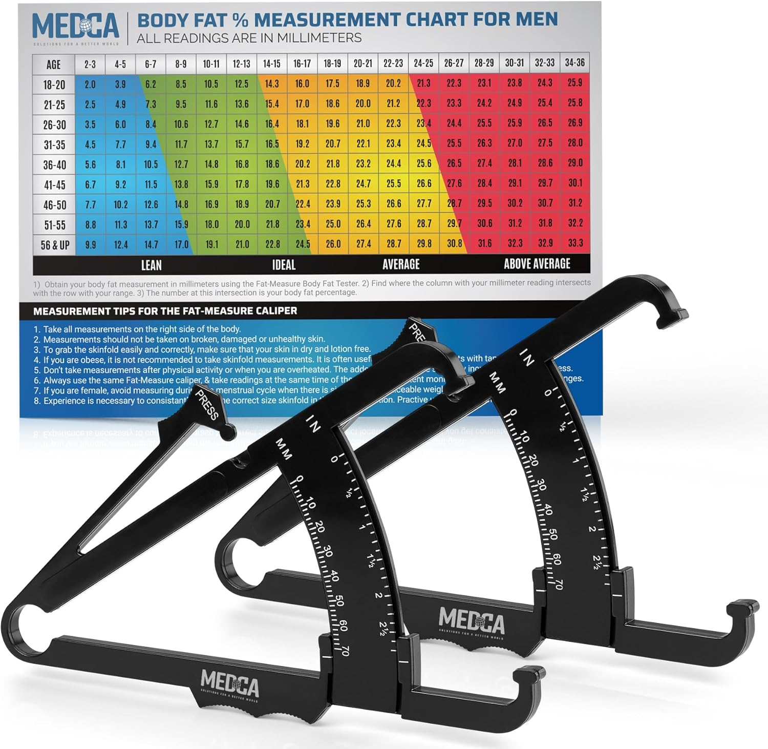 Skinfold Body Fat Caliper - Skin Fold Body Fat Analyzer and Handheld BMI Measurement Tool Skinfold Caliper Device Measures Body Fat for Men and Women by Medca - (Pack of 2, Black) &hellip; image number 6