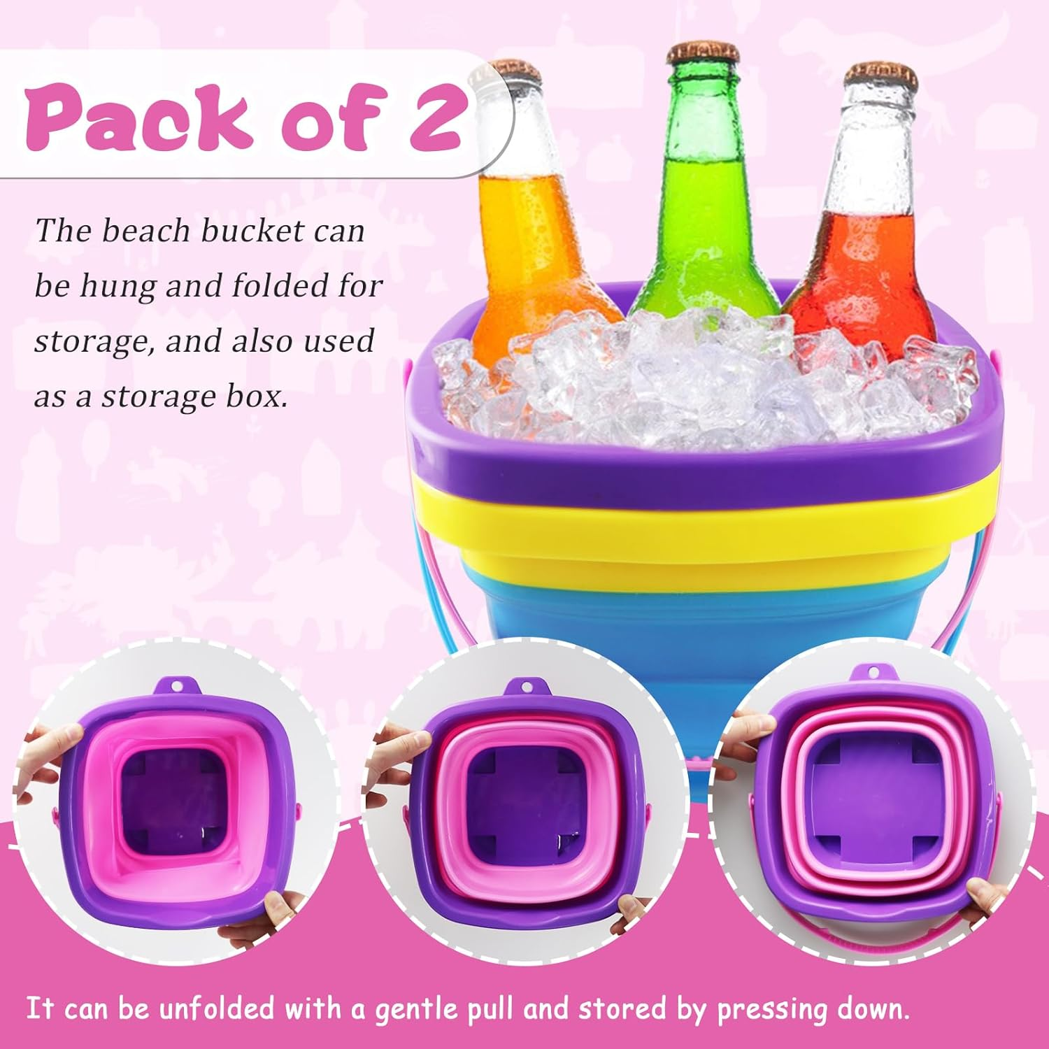 2Pcs Foldable Beach Play Sand Pails, Collapsible Buckets with Handle for Kids, Outdoor Summer Beach Camping (Pink-Purple+Blue-Yellow) image number 1