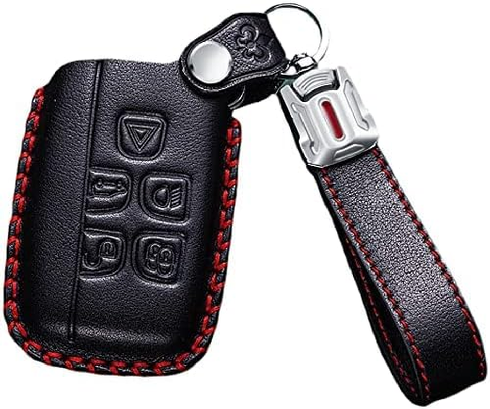 Ontto Leather Car Key Fob Cover Keyring for Land Rover Defender Discovery Evoque LR4 Range Rover Sport Jaguar 5-Buttons Accessories Key Case Keychain Remote Key Shell Key Holder Protector Beige A