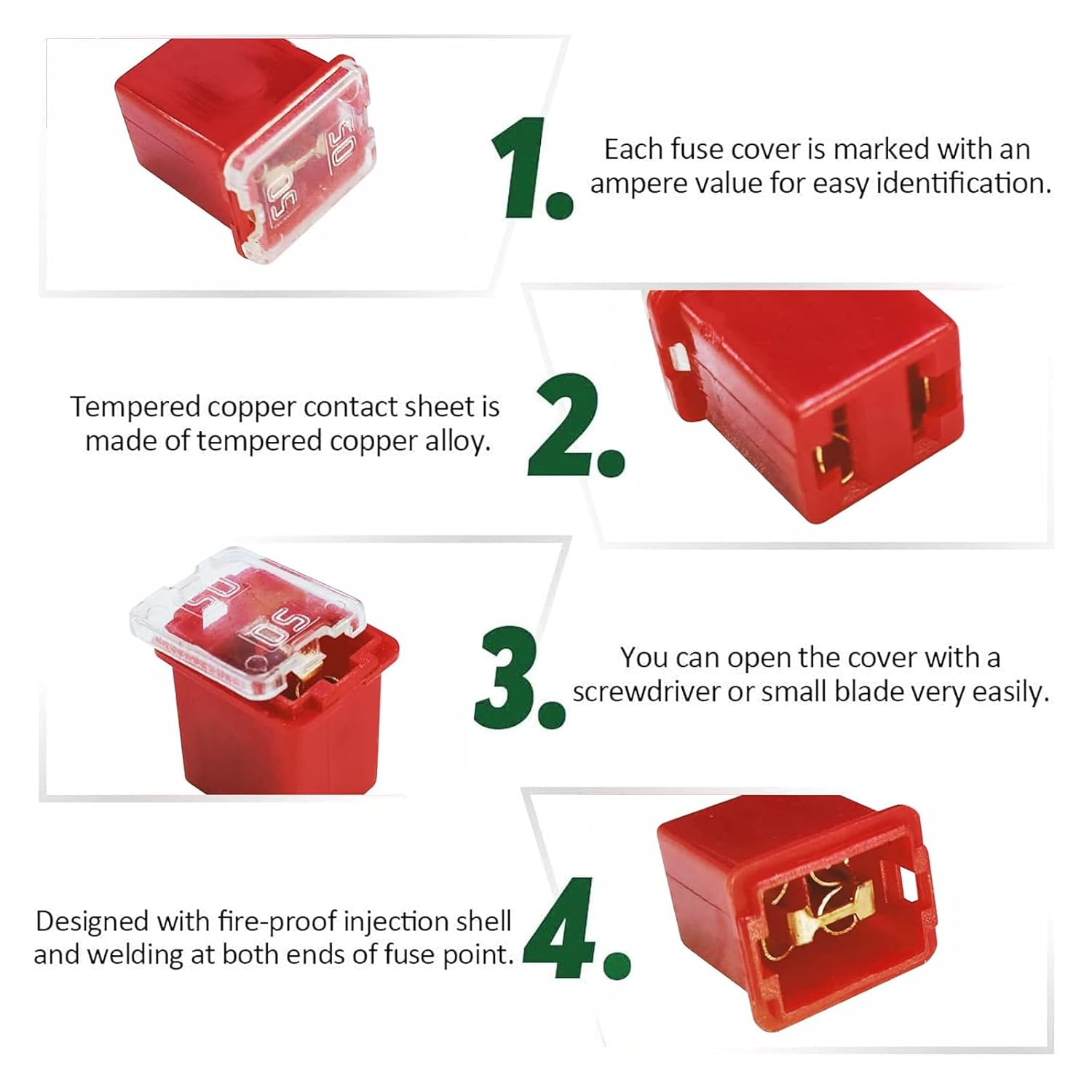 Qioon 10 PCS Car Fuse Assortment Kit, 20A 30A 40A 50A 60A, Tall and Short Box-Shaped Mini Fuses, Replacement Fuses for Car, RV, Truck, Motorcycle, Boat image number 4