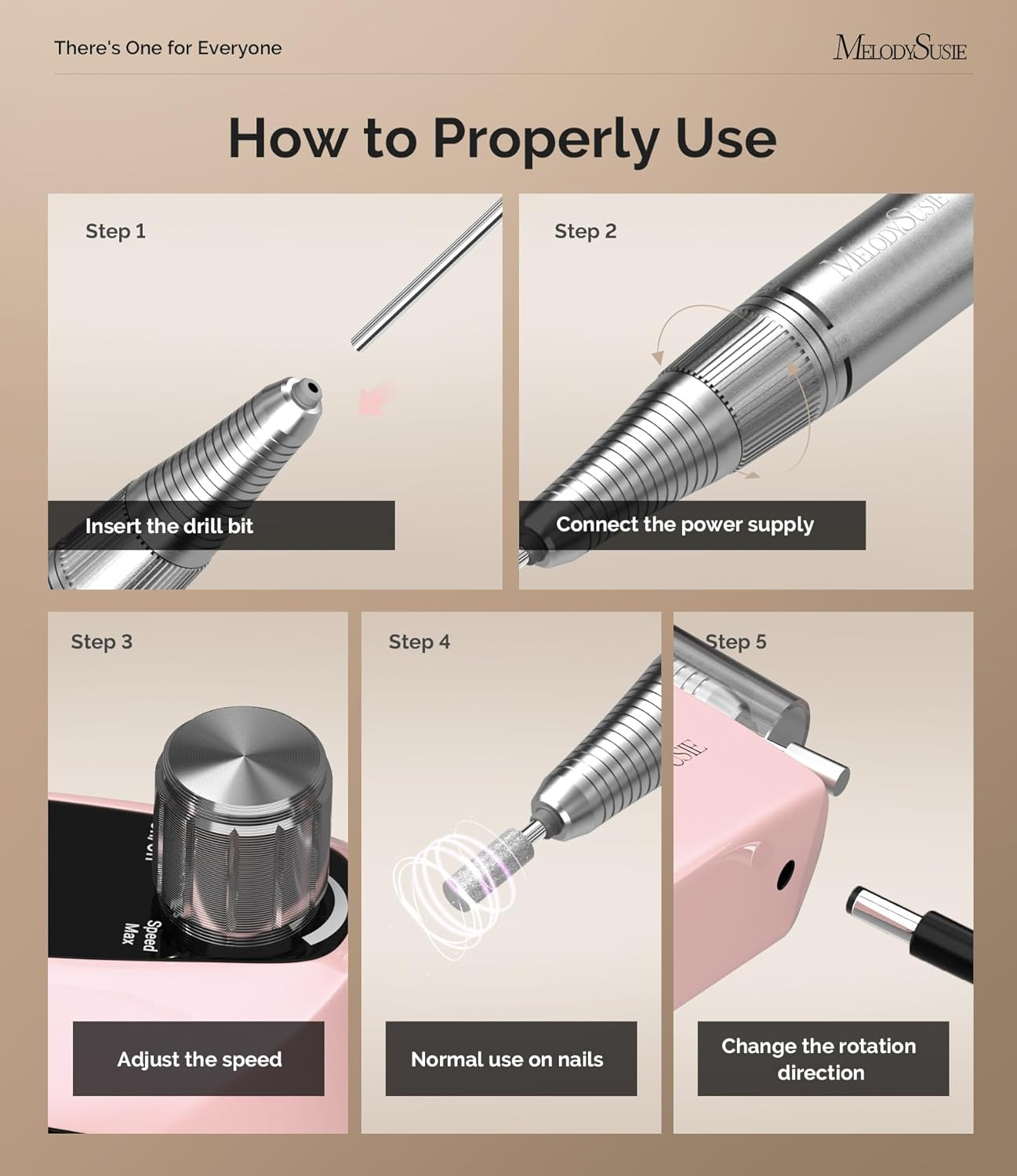 Melodysusie Professional Nail Drill 30000RPM, SC320D Rechargeable Electric Nail Machine, Cordless Nail E File for Acrylic Gel Nails, 8Pcs Nail Drill Bits 106Pcs Sanding Bands, Selene Pink image number 6