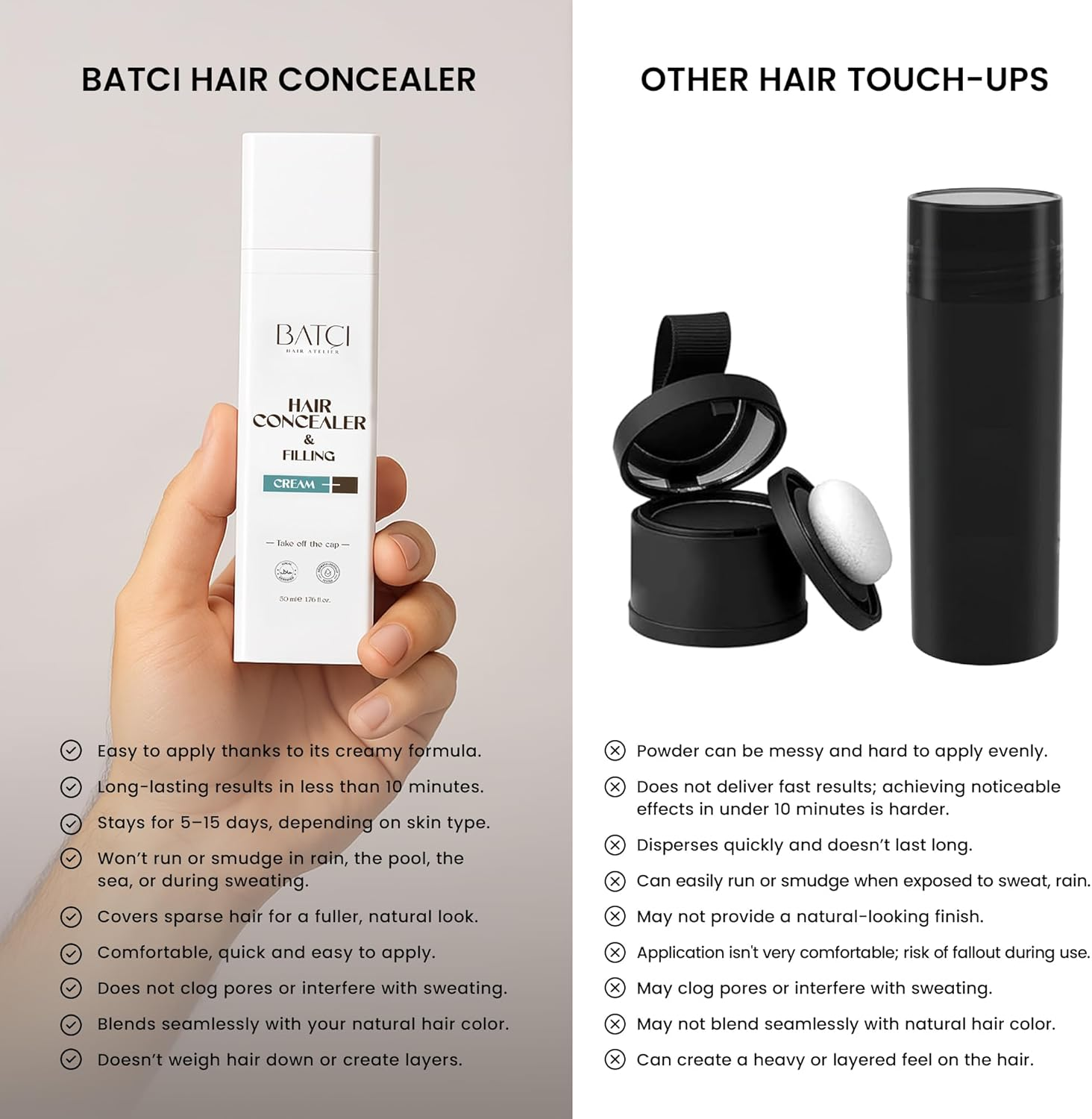 BATCI Hair Concealer Cream, Natural-Looking Scalp Coverage for Thinning Hair, Waterproof Root Touch-Up, Long-Lasting Formula, 50Ml image number 2