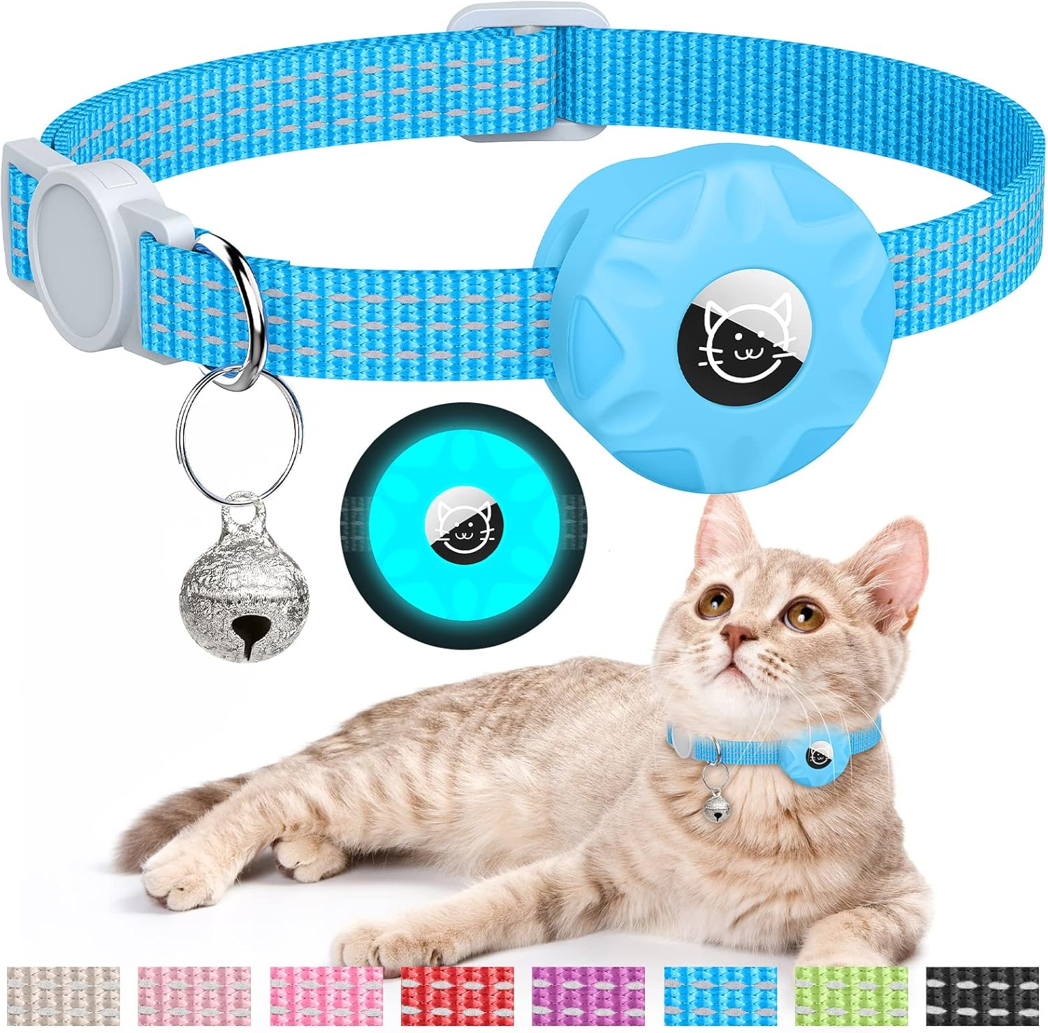 Airtag Cat Collar, Reflective Kitten Collar Breakaway Apple Air Tag Cat Collar, GPS Cat Collar with Airtag Holder and Bell, Lightweight Tracker Cat Collars for Girl Boy Cats Puppies (Luminous Blue)