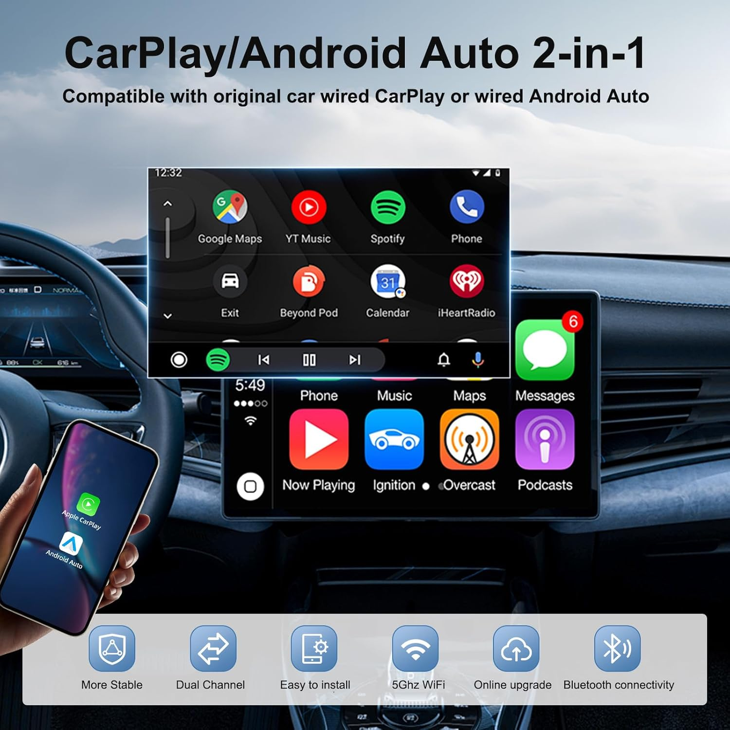 Wireless Carplay & Android Auto Adapter &ndash; Plug & Play USB Dongle for Factory Wired Systems (2017+ Cars) | Iphone/Ios 10+ & Android 11+ | Auto-Reconnect & OTA Updates image number 4