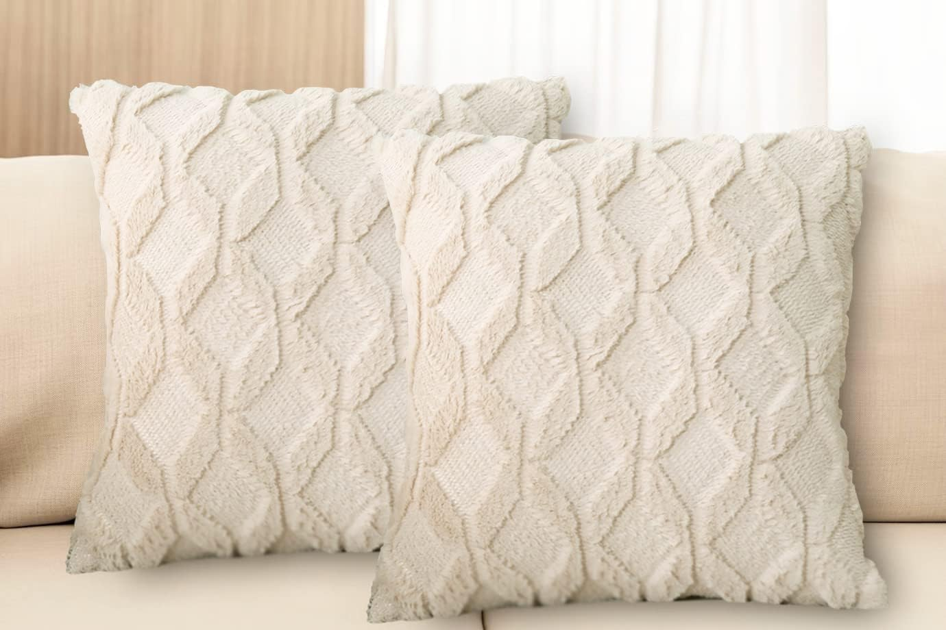 2 Pcs Faux Wool Throw Pillow Covers 18X18 Inches (45 X 45Cm) Decorative Farmhouse Velvet Couch Pillow Case Soft Plush Square Boho Cushion Pillowcase, Beige image number 1