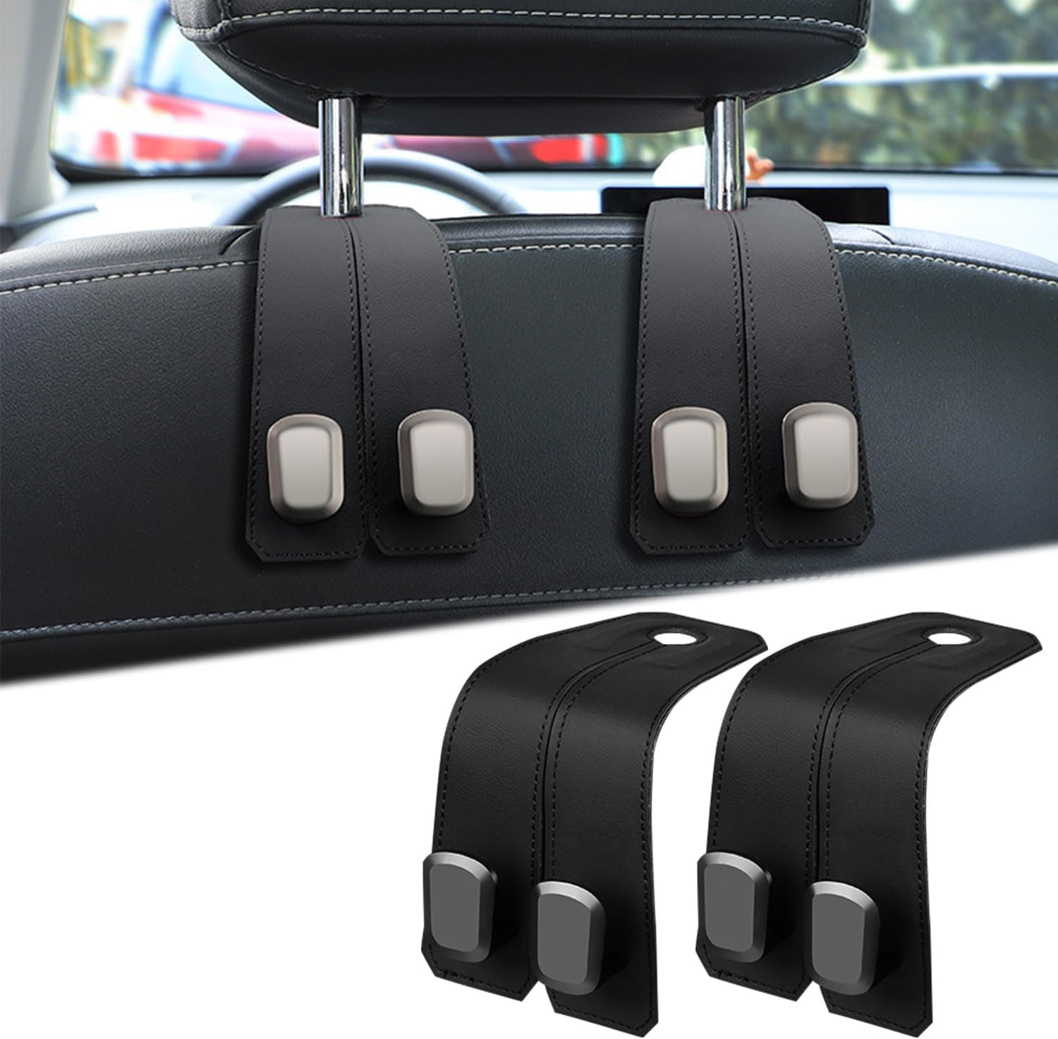 Elegananccy 2 Pack Double Car Seat Headrest Hooks, Leather Car Purse Hanger Holder for Bags, Cars Organizer and Storage Accessories for Women(Black)