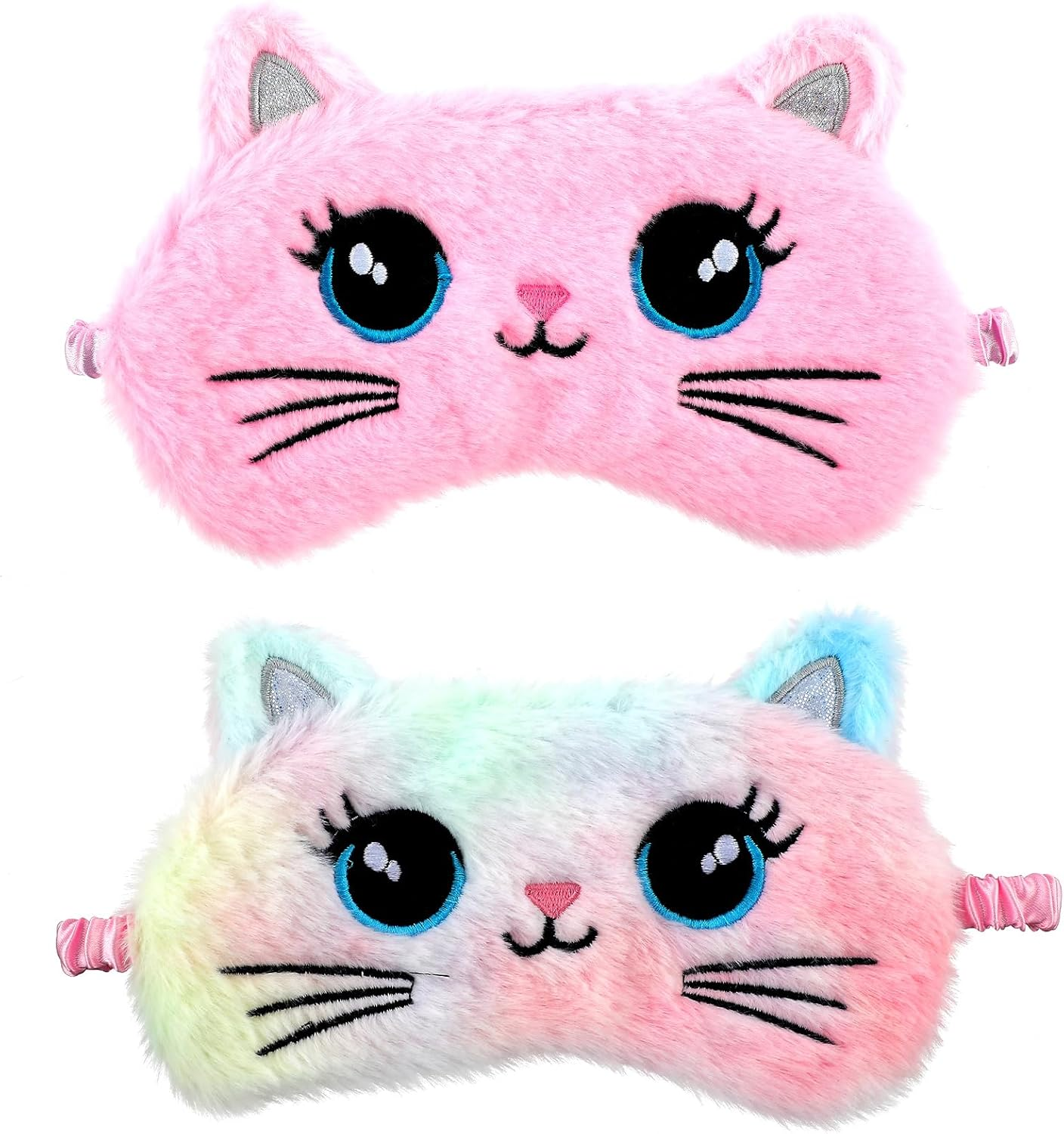 2 Pcs Plush Eye Mask Soft Sleeping Blindfold Eye Cover Comfortable Cute Animal Sleeping Mask Satin Nap Night Eyeshade Cover for Women Men Gift (Pink Muliticolor Cat Style)