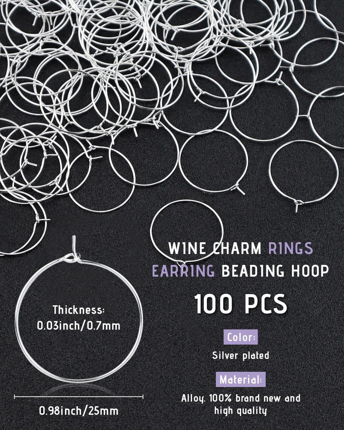 JIALEEY 100PCS Wine Glass Charm Rings 25Mm Silver Plated Open Jump Ring Earring Beading Hoop for Jewelry Making Wedding Birthday Party Festival Favor image number 1