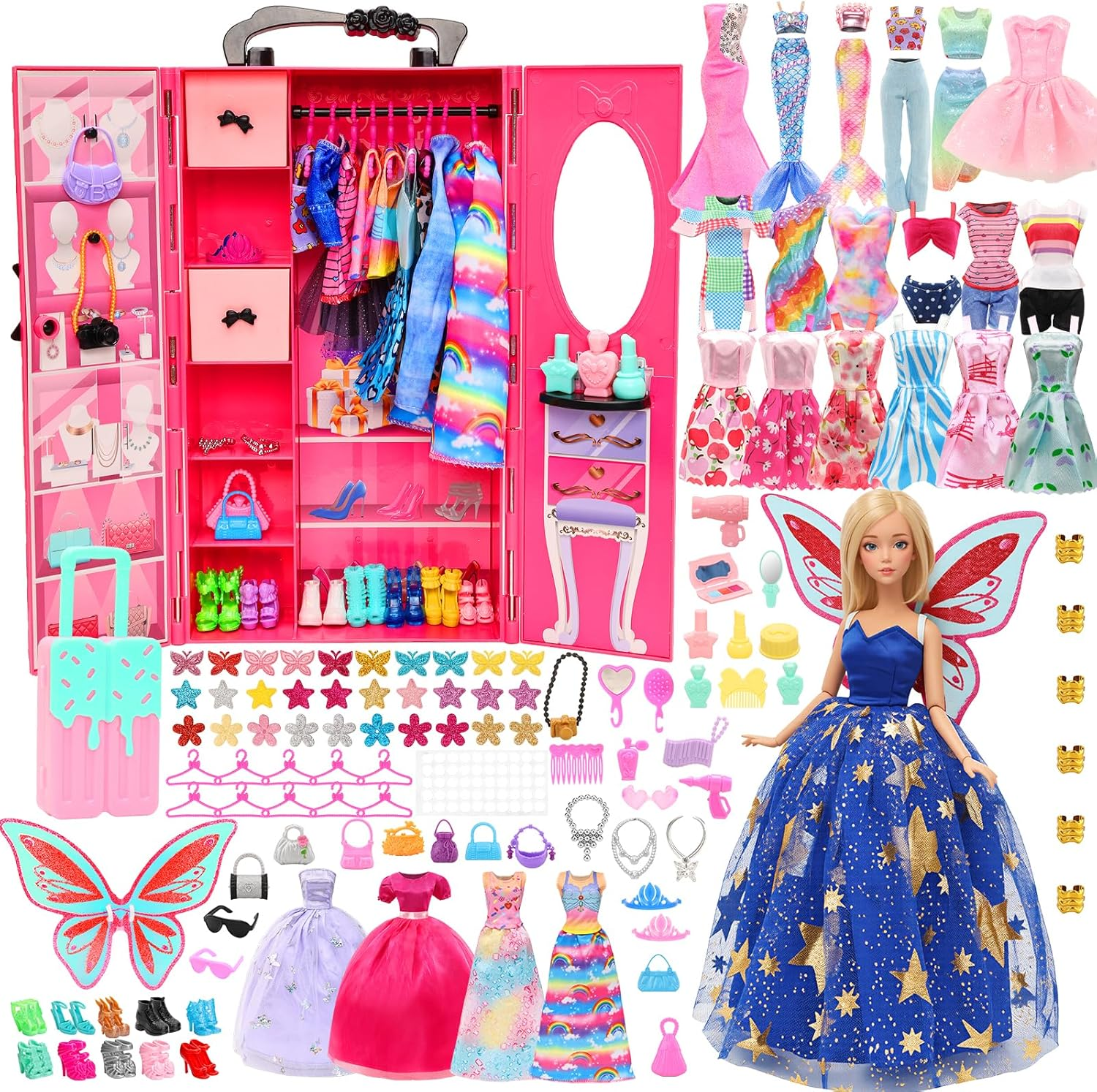 Barwa 101 Pcs Wardrobe Closet Doll Clothes Accessories Suitcase Mermaid Swimsuits Dresses Shoes Hanger Crown Necklace Doll Accessories for 11.5 Inch Girl Dolls Toys Gifts for Girls