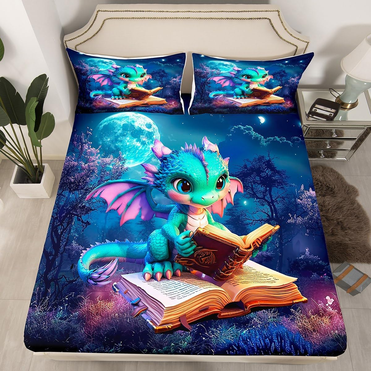 Castle Fairy Cute Dragon Fitted Sheet Queen Size Mysterious Jungle Bedding Set 3Pcs Kawaii Western Dragon Animal Bed Sheet for Kids Room Decor Glitter Plant Deep Pocket Sheet