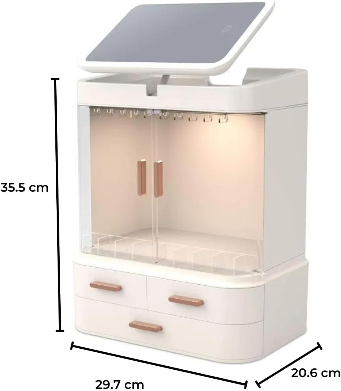 GOMINIMO Large Capacity LED Makeup Organizer with 360&deg; Mirror, Vanity Dresser USB Charging, Skincare, and Jewelry Organizers, Display Cases, Storage, White image number 4