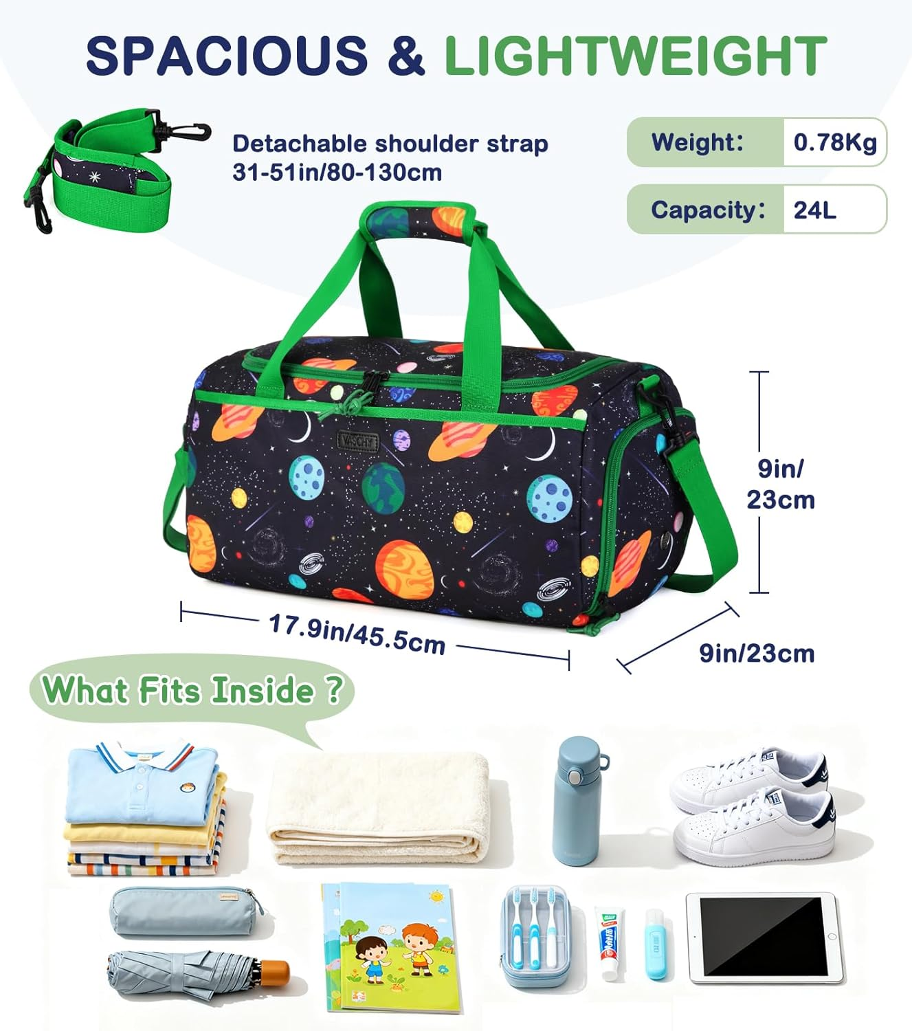 Kids Duffle Bag,Vaschy Travel Bag for Toddler Children Boys Water Resistant Overnight Duffel Ballet Dance Sport Carry on Weekender Bag with Shoes Compartment Dry Wet Pocket Green Space image number 4