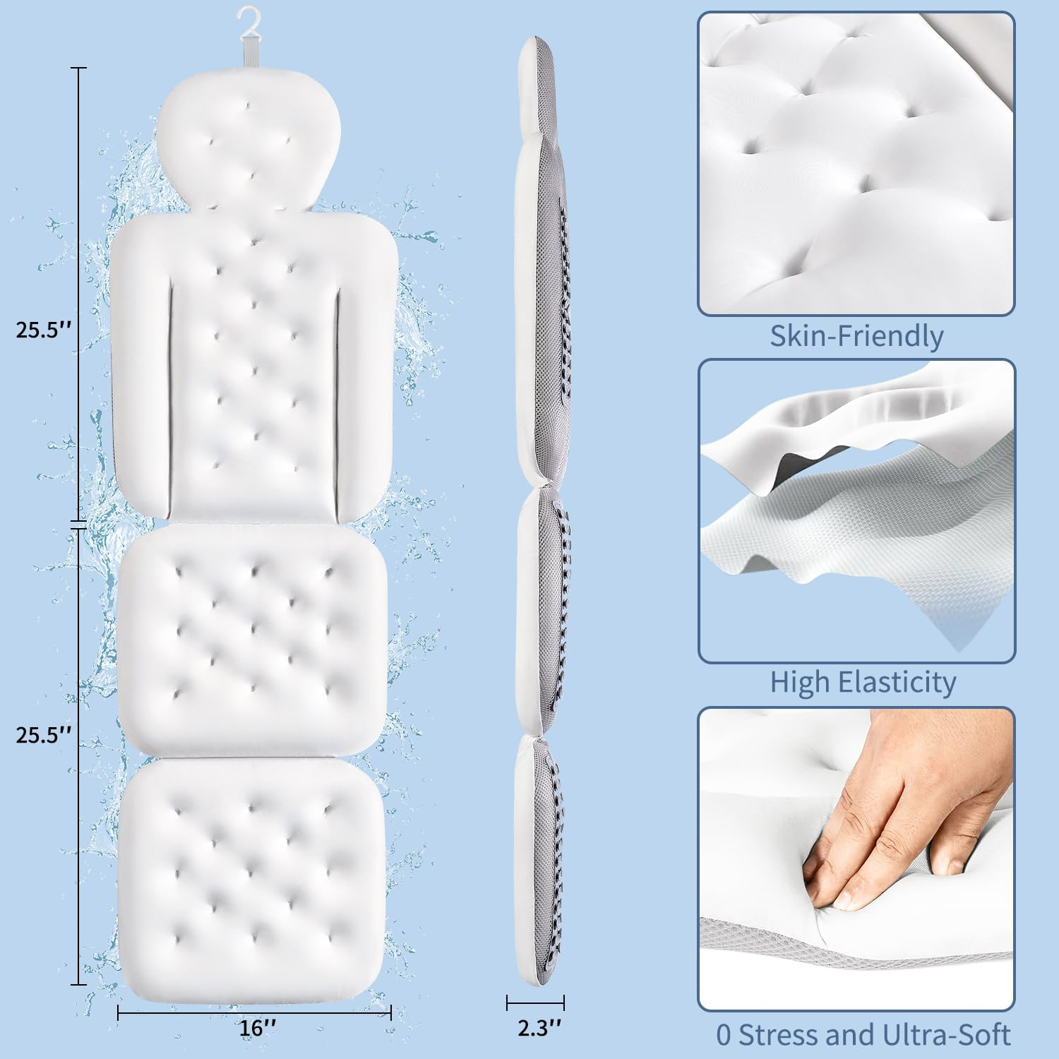 Bathtub Pillow Full Body, Luxury Bath Cushion for Tub with 160 Suction Cups, Bath Mat for Head and Neck Support with Laundry Bag White (51.2" X 16.2") image number 2