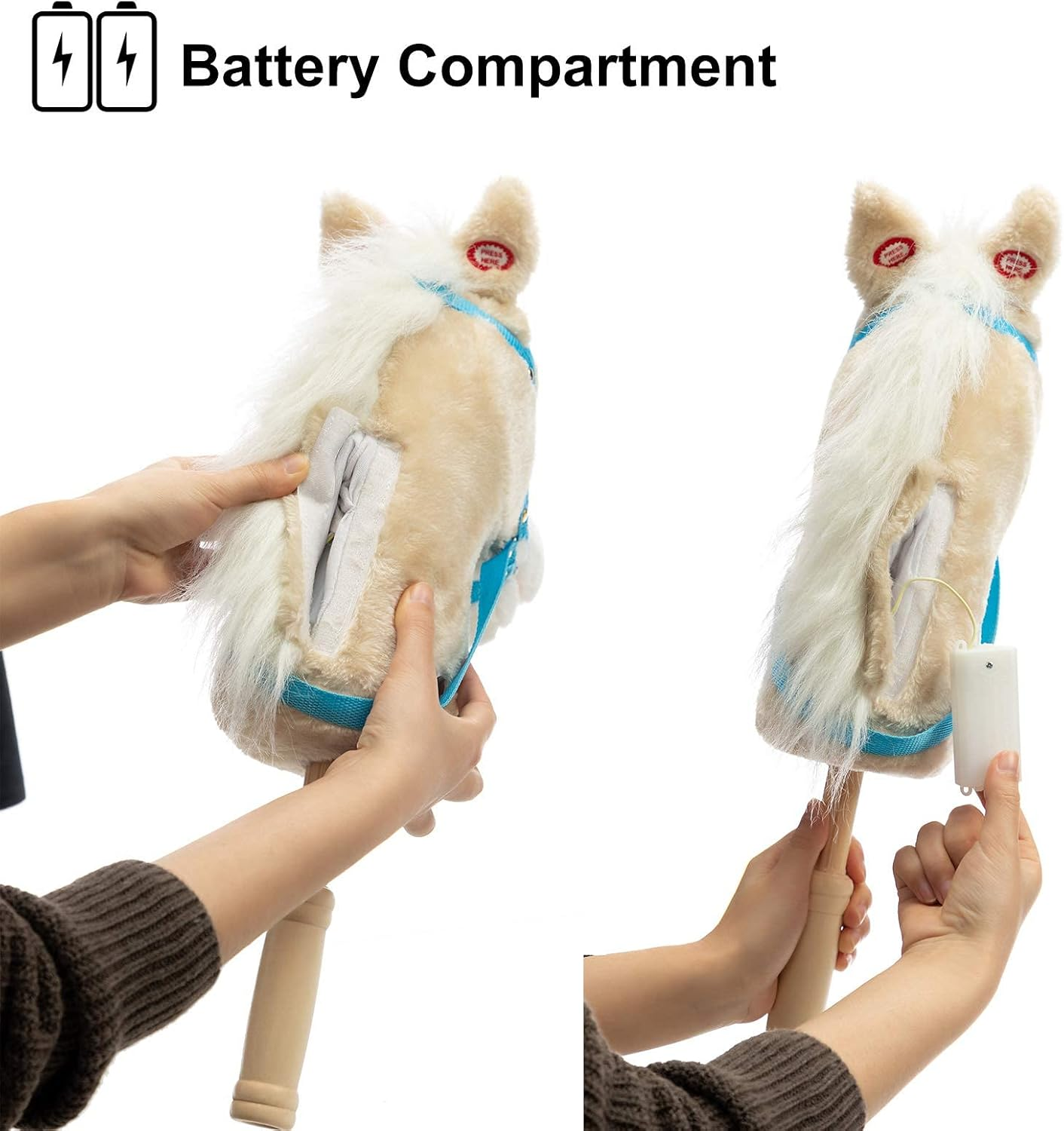 BEJOY Stick Horse with Wood Wheels, Hobby Horse Toy, Real Pony Neighing and Galloping Sounds Plush Toy Beige 36 Inches(Aa Batteries Required) image number 5