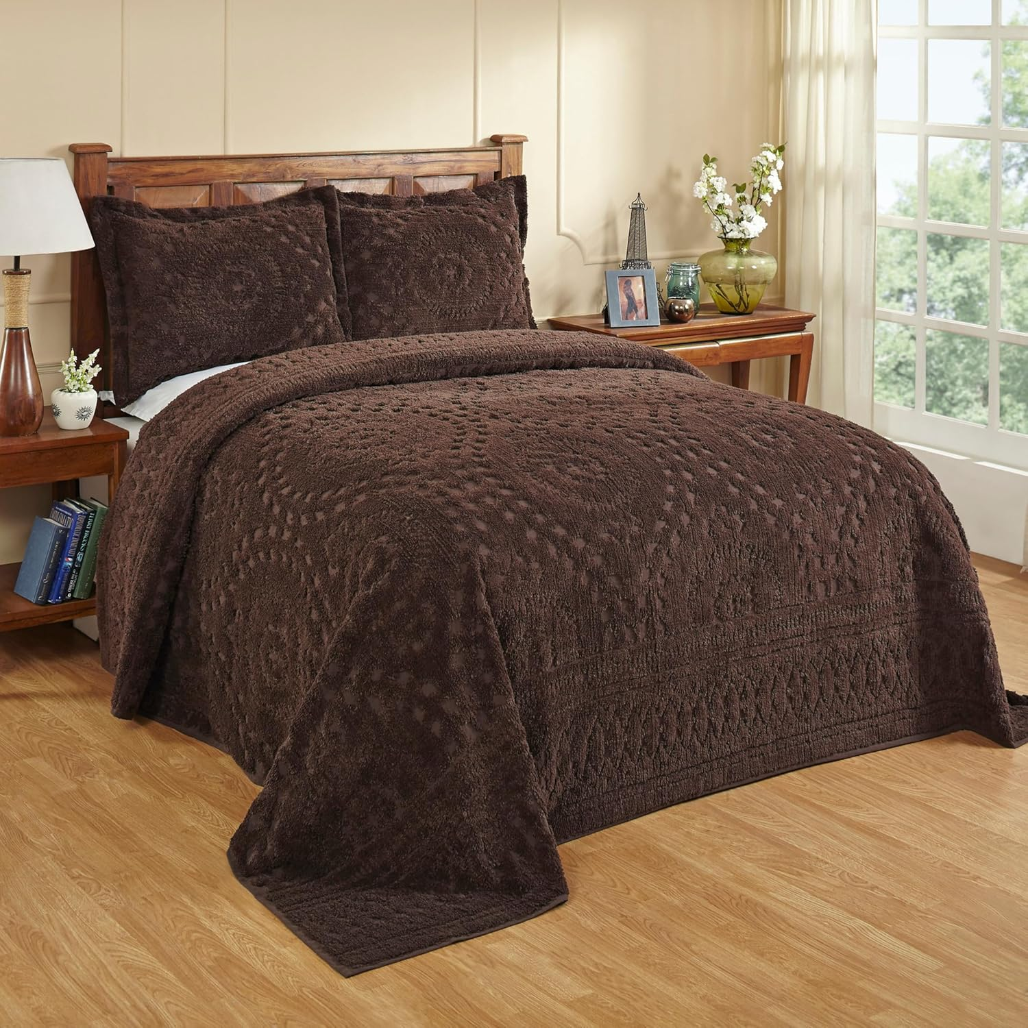 Better Trends 100% Cotton Chenille Bedspreads Queen Size, Rio Collection Floral Design Bed Cover in Chocolate - Tufted Cotton Bedspreads, Lightweight Bedspreads & Coverlets