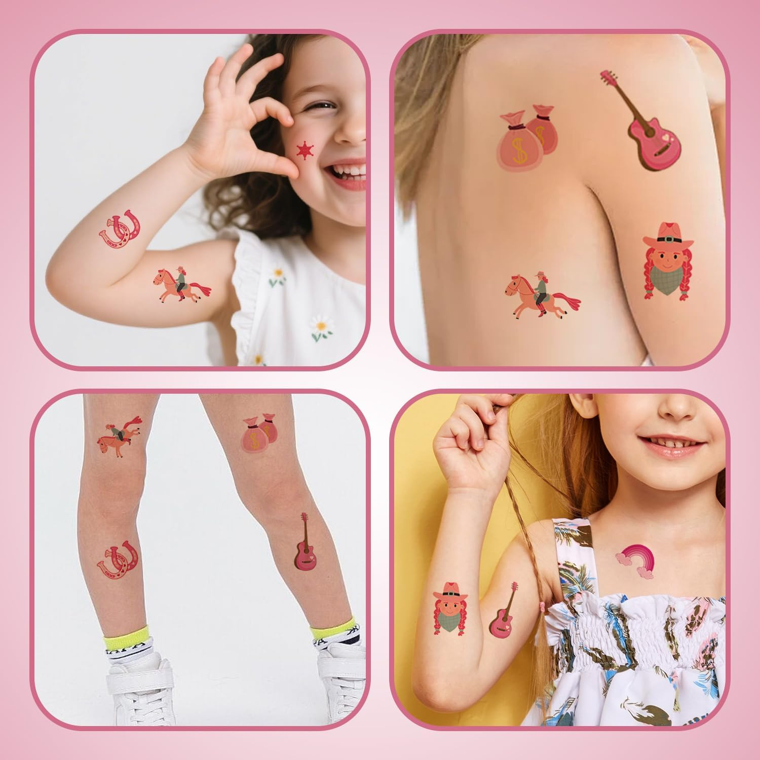 20 Tattoo Stickers, Pink Cartoon Cowboy Pattern Stickers, Cute Face Stickers for Kids Decoration, Party Temporary Tattoo Stickers image number 1