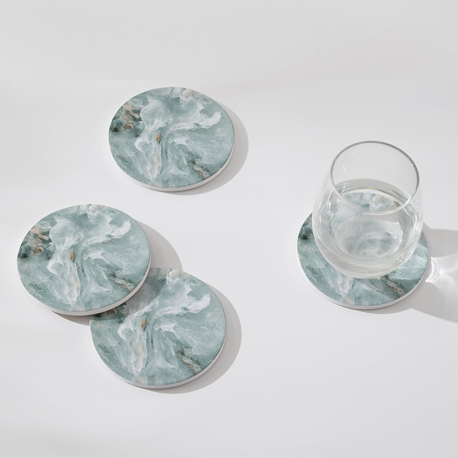 Set of 6 Abstract Marble Coasters with Holder, Absorbent Ceramic Coasters for Drinks, Coasters with Cork Backing for Table Protection, Housewarming Gifts for New Home image number 4