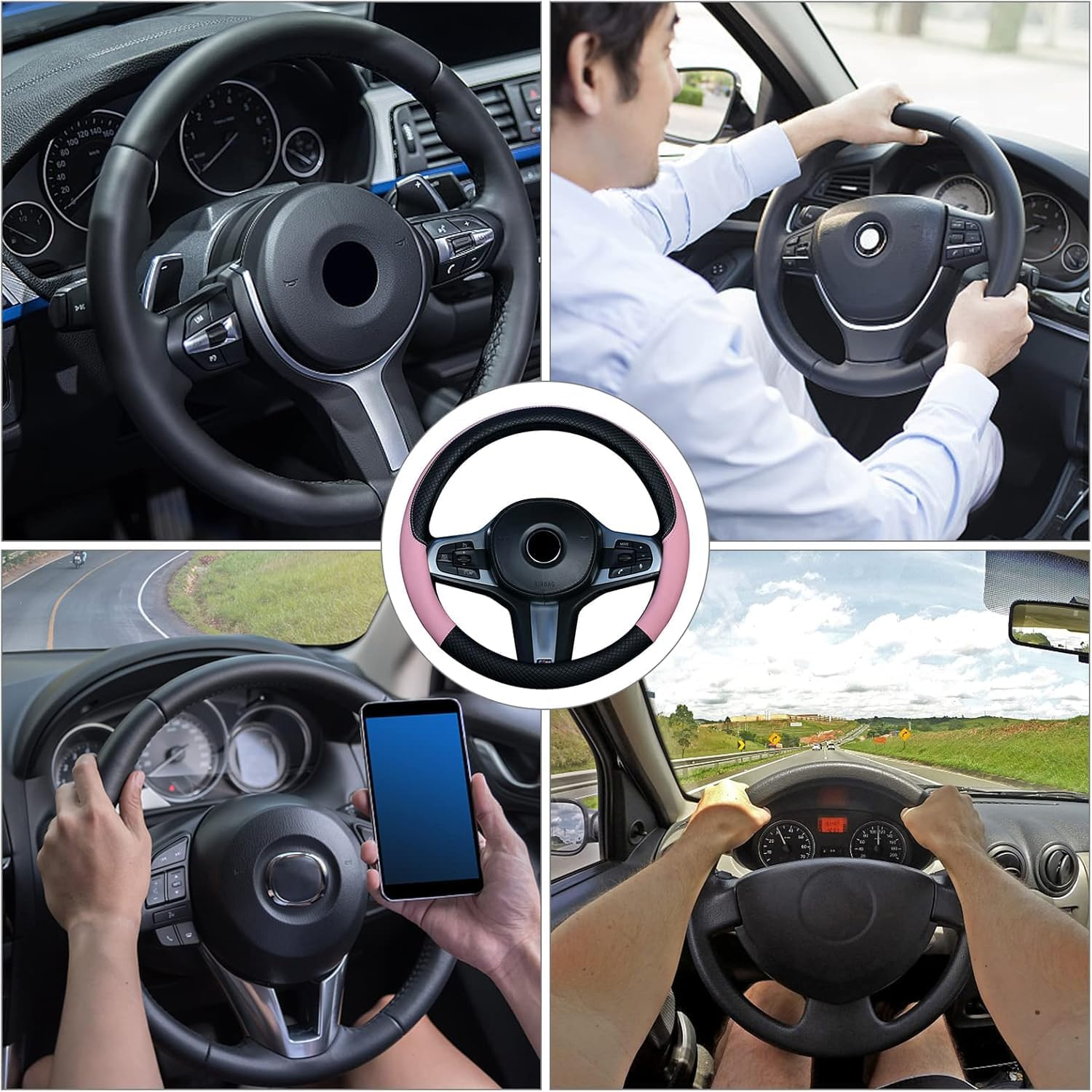 YSHIGUING Car Steering Wheel Covers 37-38Cm PU Leather Breathable Anti-Slip Protector Interior Accessories for Car (Pink)