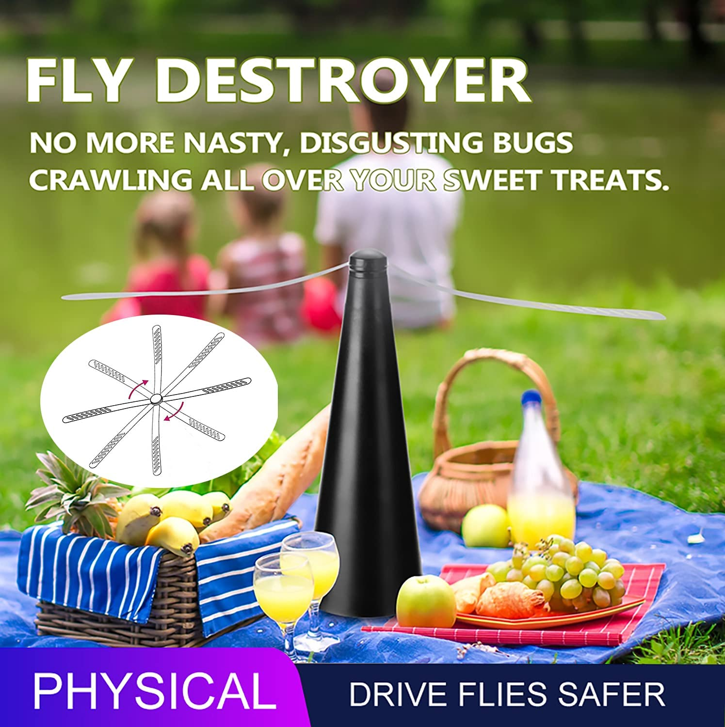Fly Fans for Tables,Fly Away Rechargeable Repellent Fly Free Entertaining Fly Repellent Portable Fly Swatter Repellent Keep Flies Bugs Away from Food Battery Power Dual Use Kitchen Restaurant Outing image number 4