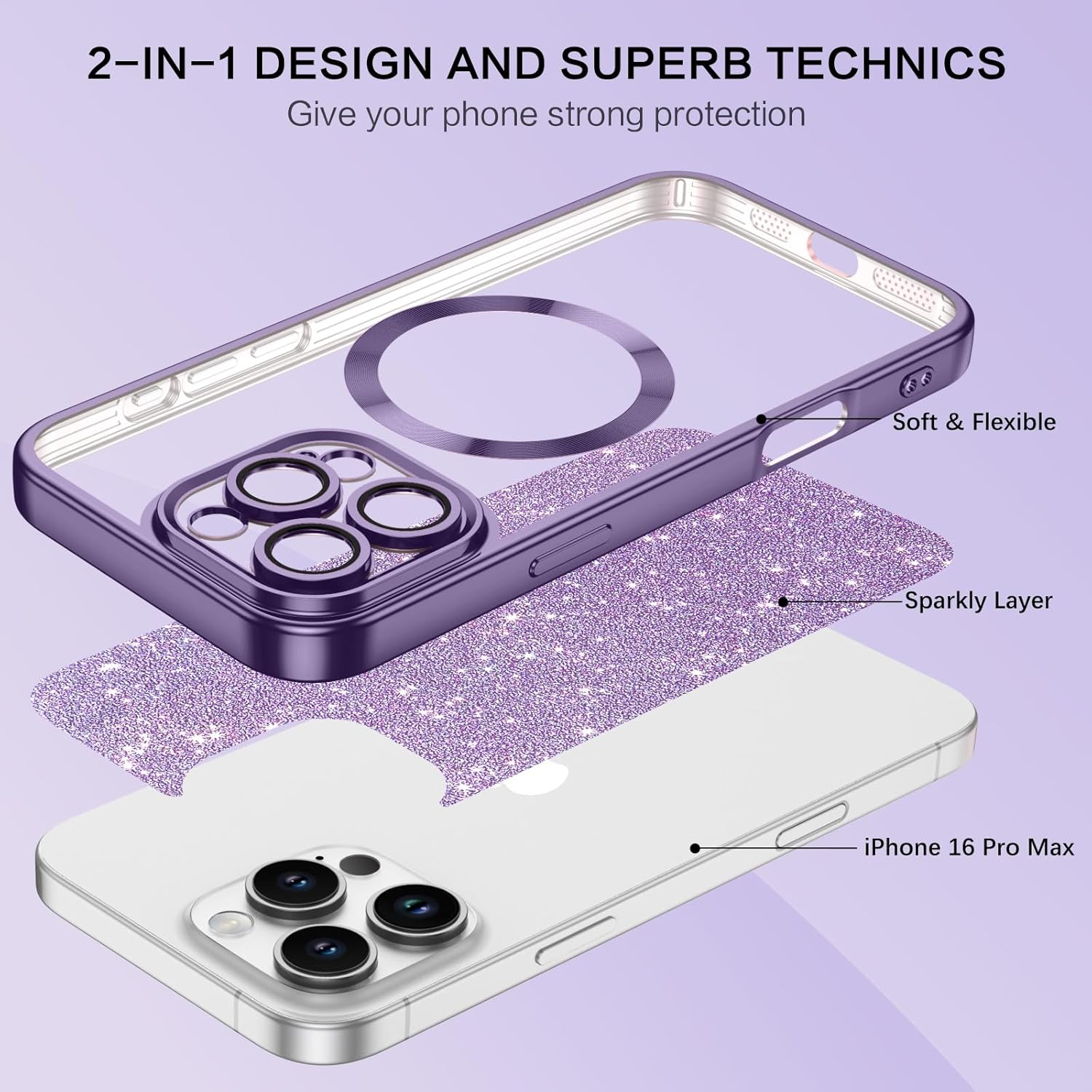 Gaobao Magnetic for Iphone 16 Pro Max Case, [Compatible with Magsafe] Luxury Sparkle Shiny Full Body Protective Slim Fit Phone Cases Covers for Iphone 16 Pro Max 6.9 Inch 2024, Purple Glitter image number 1