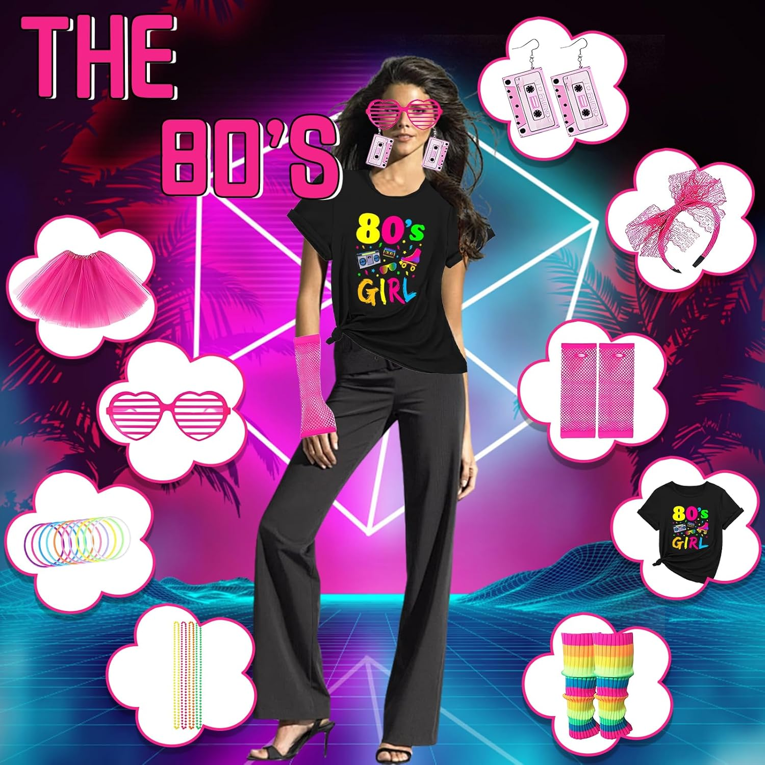 21PCS 80S Girl'S Clothing and Accessory Set, T - Shirt Printed with Elements, 80S Party Accessories Including Pink Bead Chain, Lace Headband, Bracelets, Retro Sunglasses, Etc. 1980S Themed Party image number 6