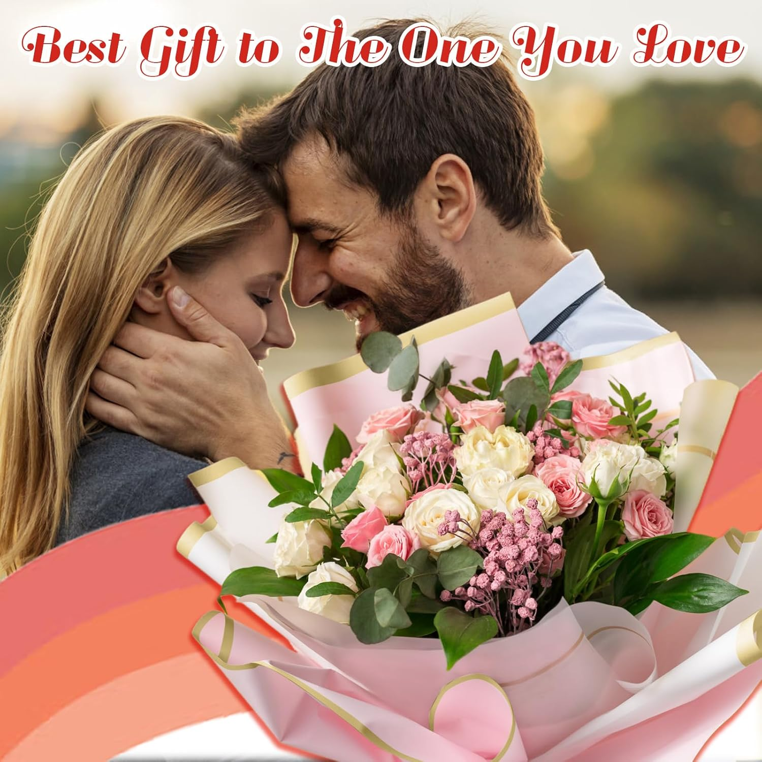 30 Sheets Flower Bouquet Wrapping Paper, COITEK Waterproof Gold Edge Flower Gift Wrapping Supplies Paper 6 Colors with 5 Rolls Ribbons for DIY Crafts, Gift Packaging