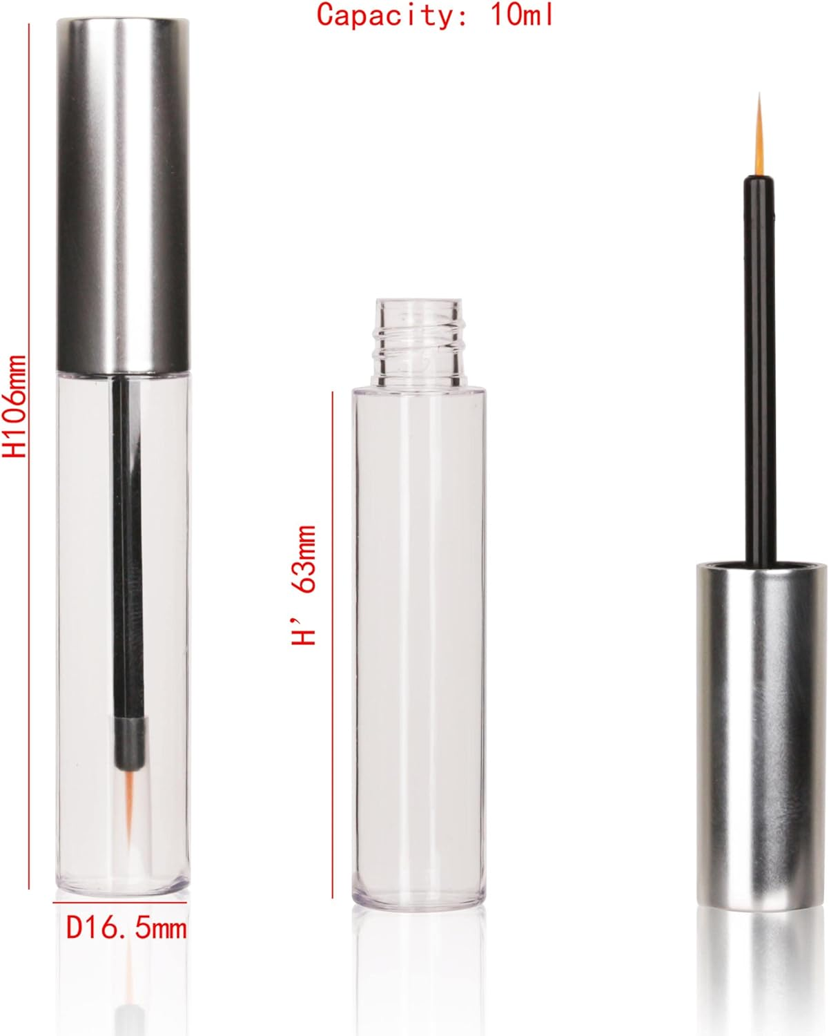 COSIDEA 12PCS Empty Plastic Matte Silver 10Ml Eyeliner Tubes Packing Vials Bottle Containe Eyeliner Brush Applicator for DIY Eyelash Growth Oil