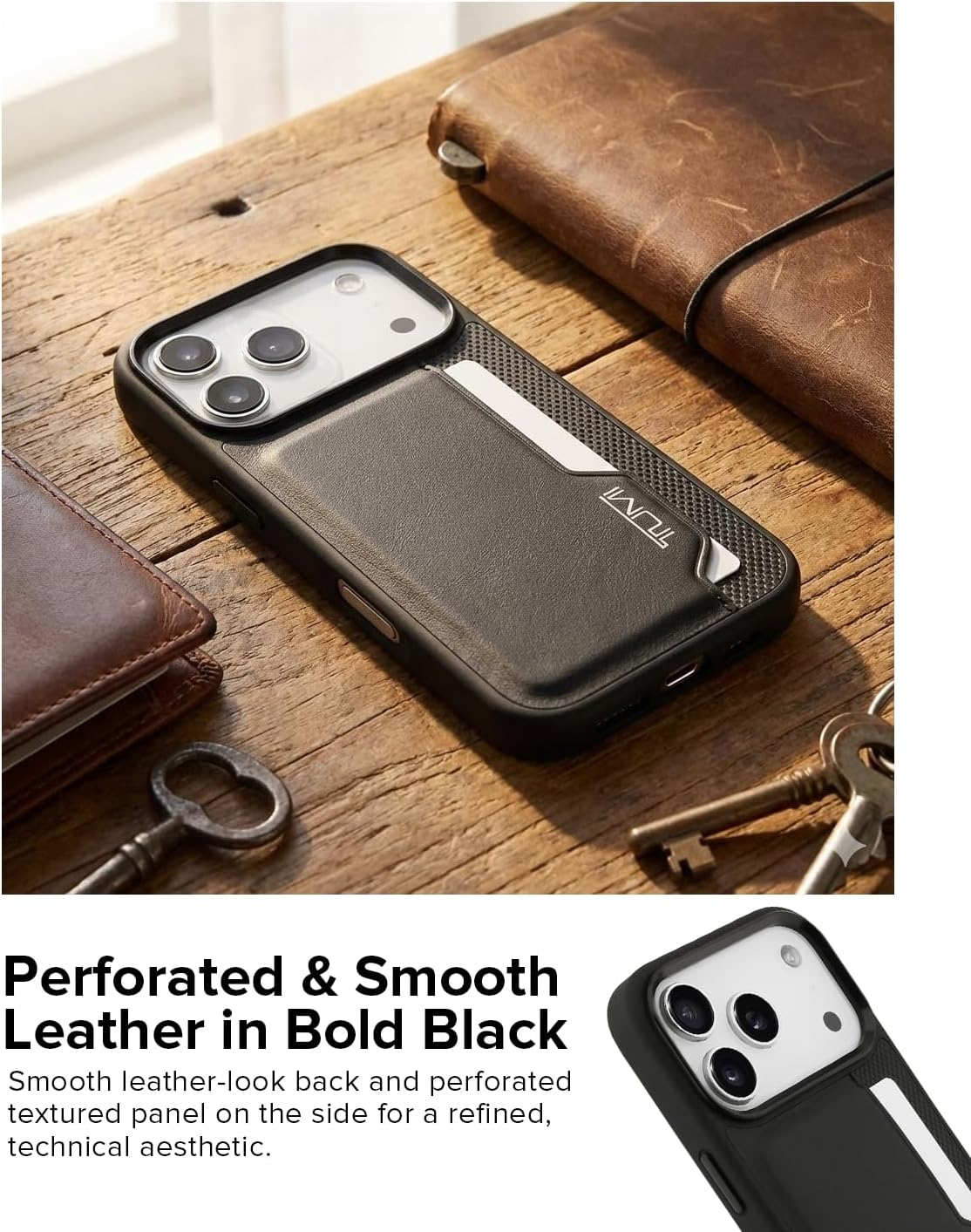 TUMI Iphone 17 PRO Case, Genuine Leather Hard Case with Vertical Card Slots, Perforated Design, Premium Leather, Business Card Holder, Black image number 2