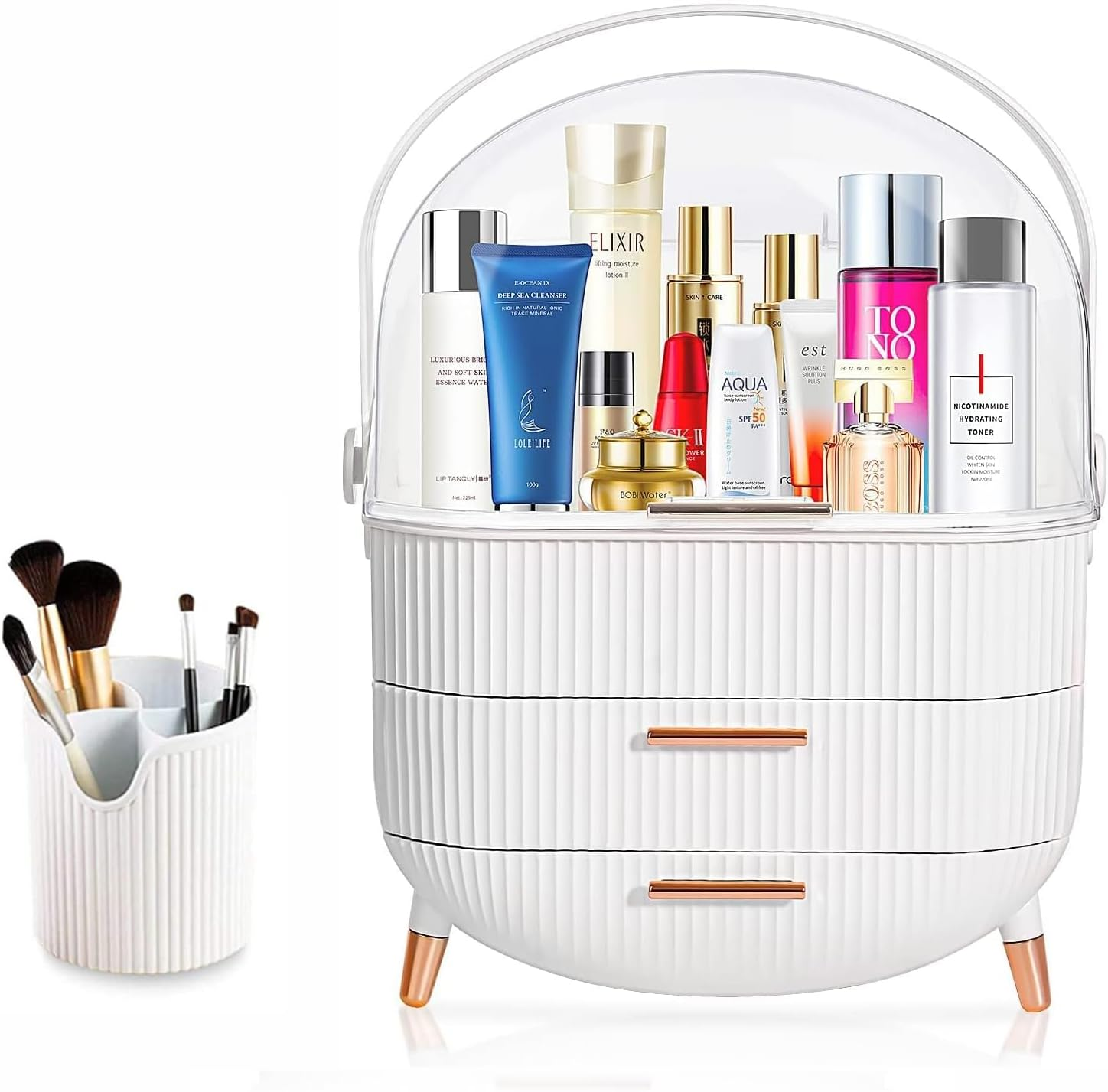 Uandhome Makeup Storage Organizer, Waterproof Cosmetics Display Case Dustproof Makeup Storage, Box Portable Handle Skincare Holder for Bedroom Vanity Desk Bathroom Desktop