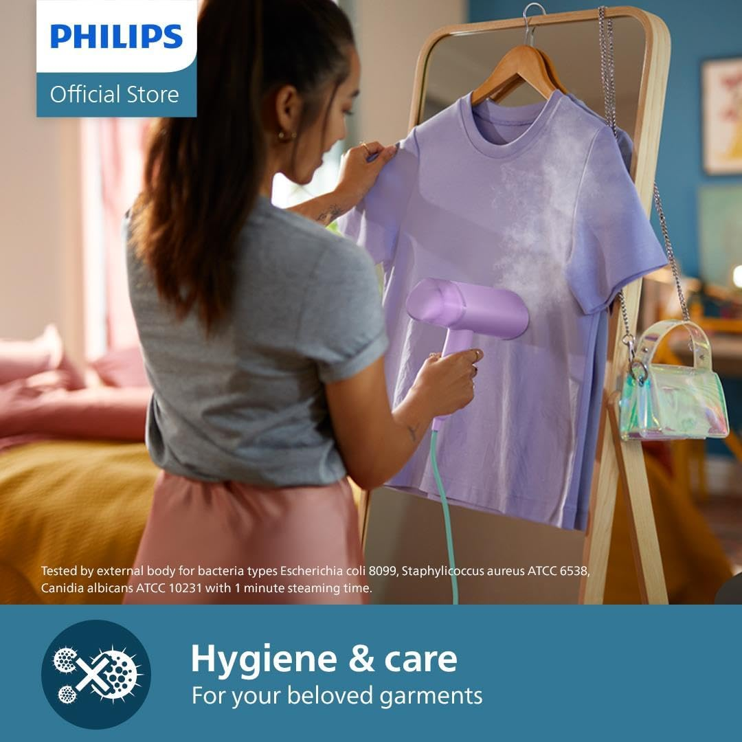 Philips 3000 Series Handheld Steamer - 1000W, 20G/Min Steam, Detachable 100Ml Water Tank, Plastic Plate, Storage Pouch, 630 G Light Weight, Compact and Foldable, Purple (STH3010/30) - Light Green image number 5