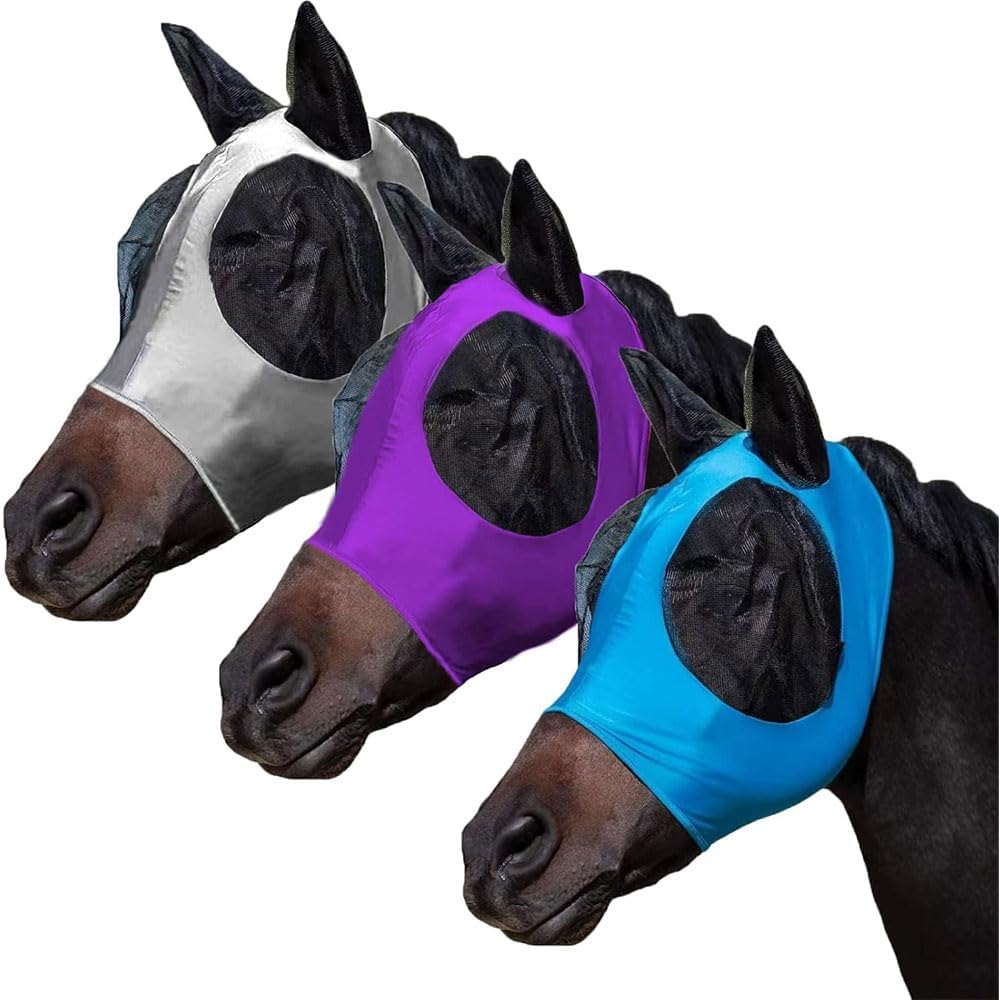 Fly Masks for Horses with Ears &ndash; Set of 3 Comfort-Fit Horse Fly Masks with UV Protection, Breathable Stretch Fabric, Soft and Lightweight for Small, Medium, and Large Horses image number 3