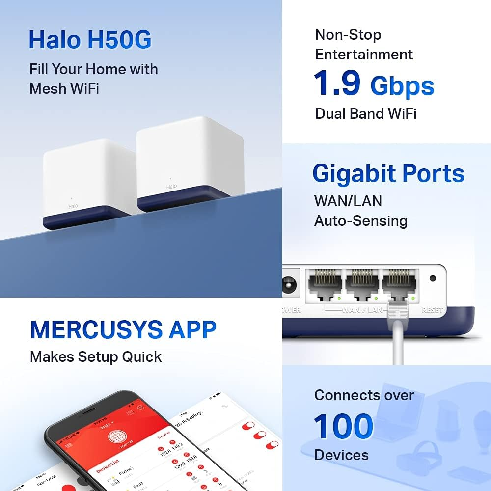 Mercusys AC1900 Whole Home Mesh Wi-Fi 6 System, Dual-Band, Seamless Roaming, up to 1.9 Gbps, Full Gigabit Ports, Gaming & Streaming, Smart Home, Smart Home, Easily Manage and Set Up(Halo H50G(2-Pack)) image number 5