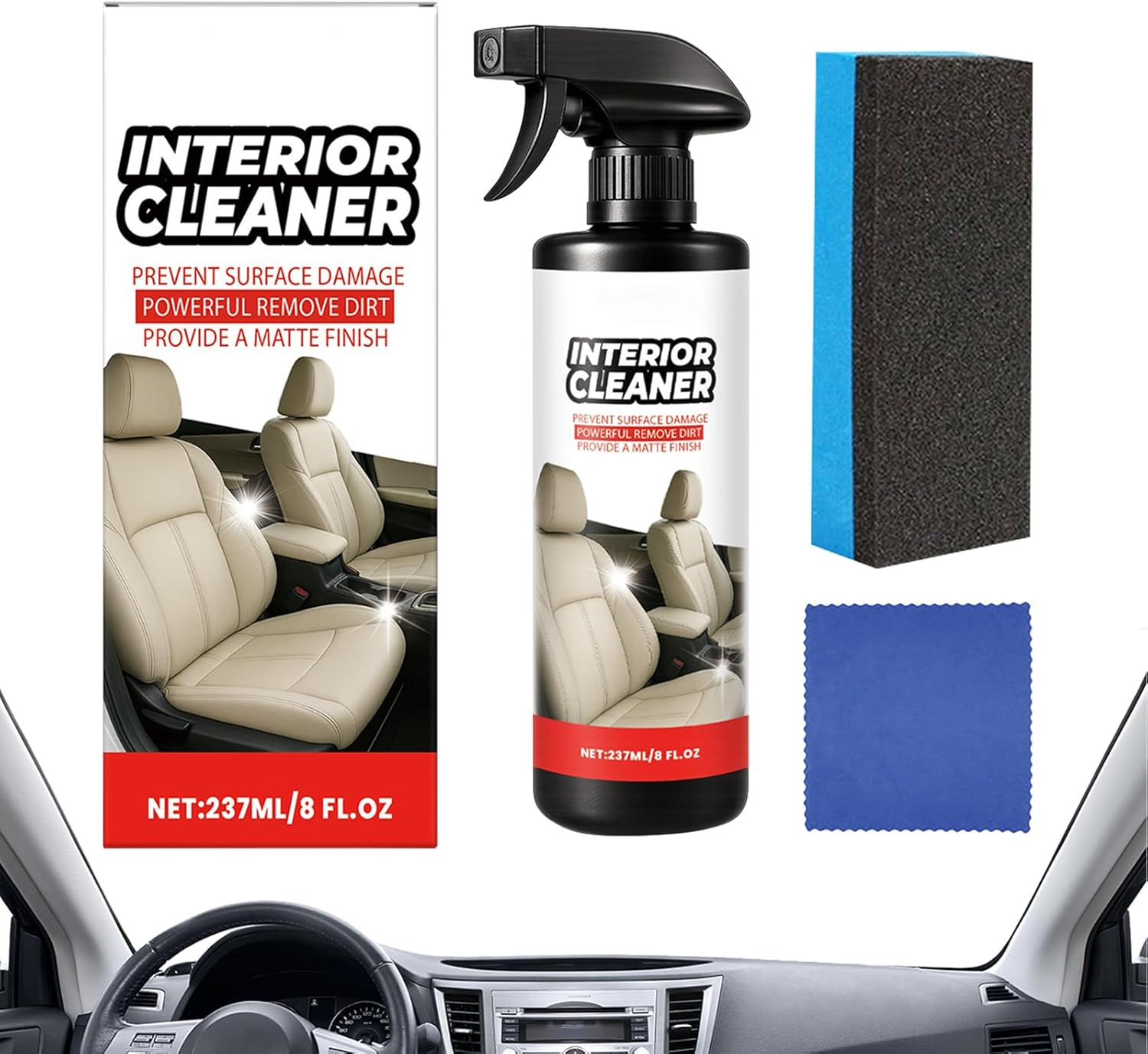 Trim Restorer - Car Seat Cleaner Spray with Cloth and Sponge | 237Ml Automotive Refresh Detailing Spray for Leather Seat Dashboard Central Console Door Trim image number 5